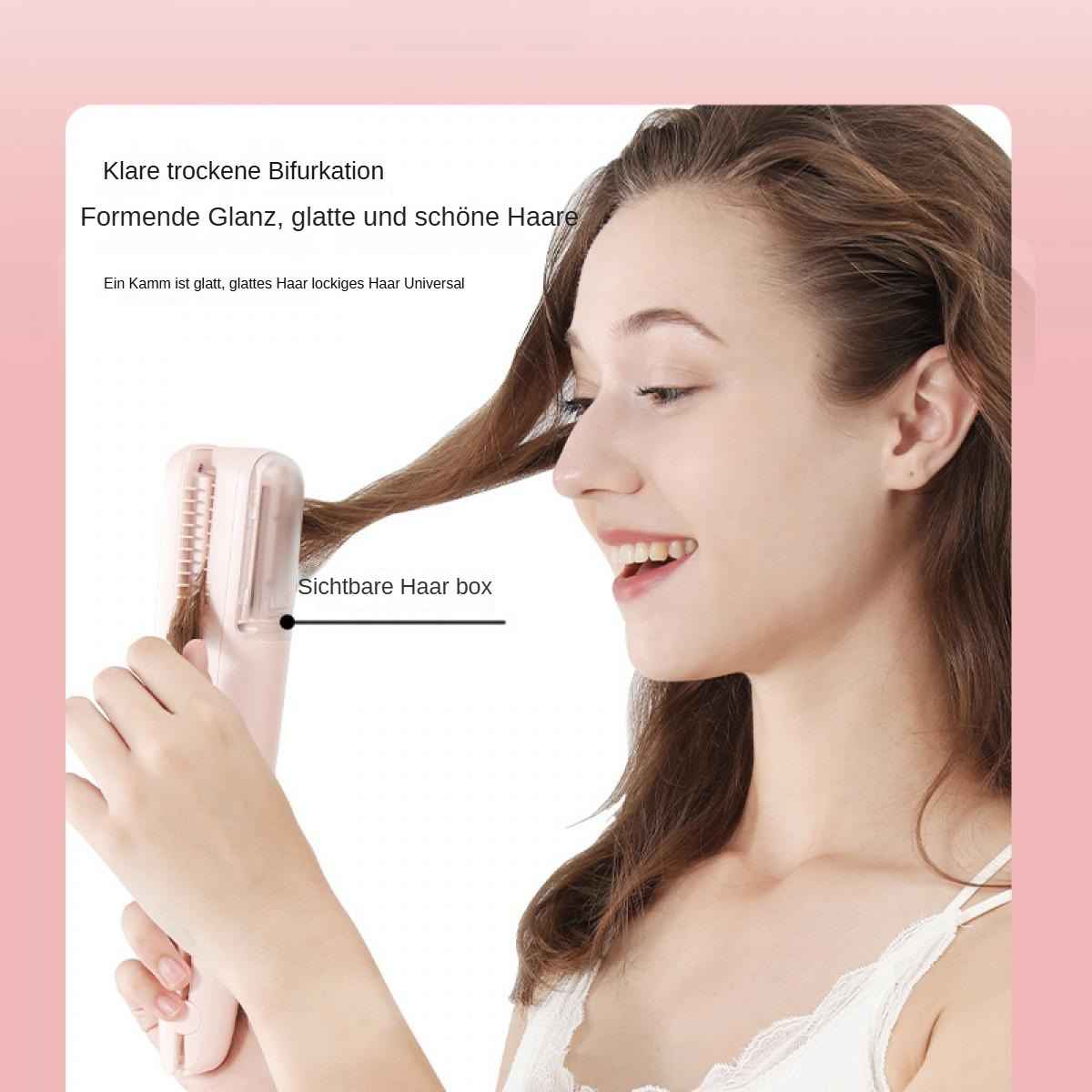 Eine Frau benutzt einen Haarglätter. Sie lächelt und hält das Gerät in der Nähe ihrer Haare. Der Hintergrund ist rosa mit Text.