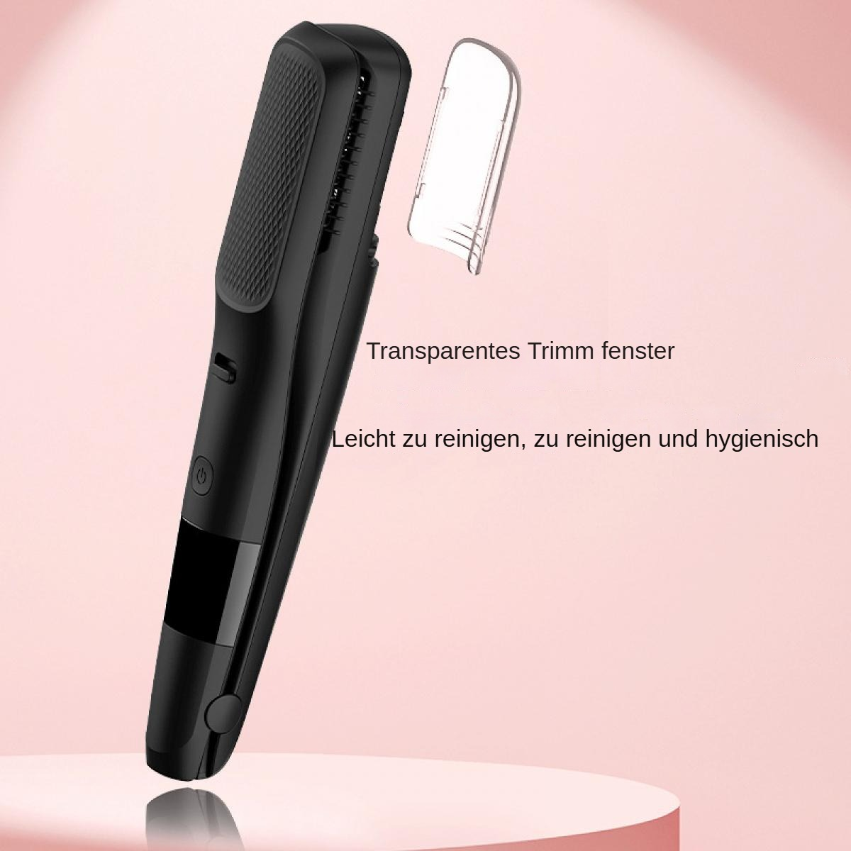Schwarzer Haarschneider mit abgenommener transparenter Abdeckung, auf rosa Hintergrund, Text auf Deutsch.