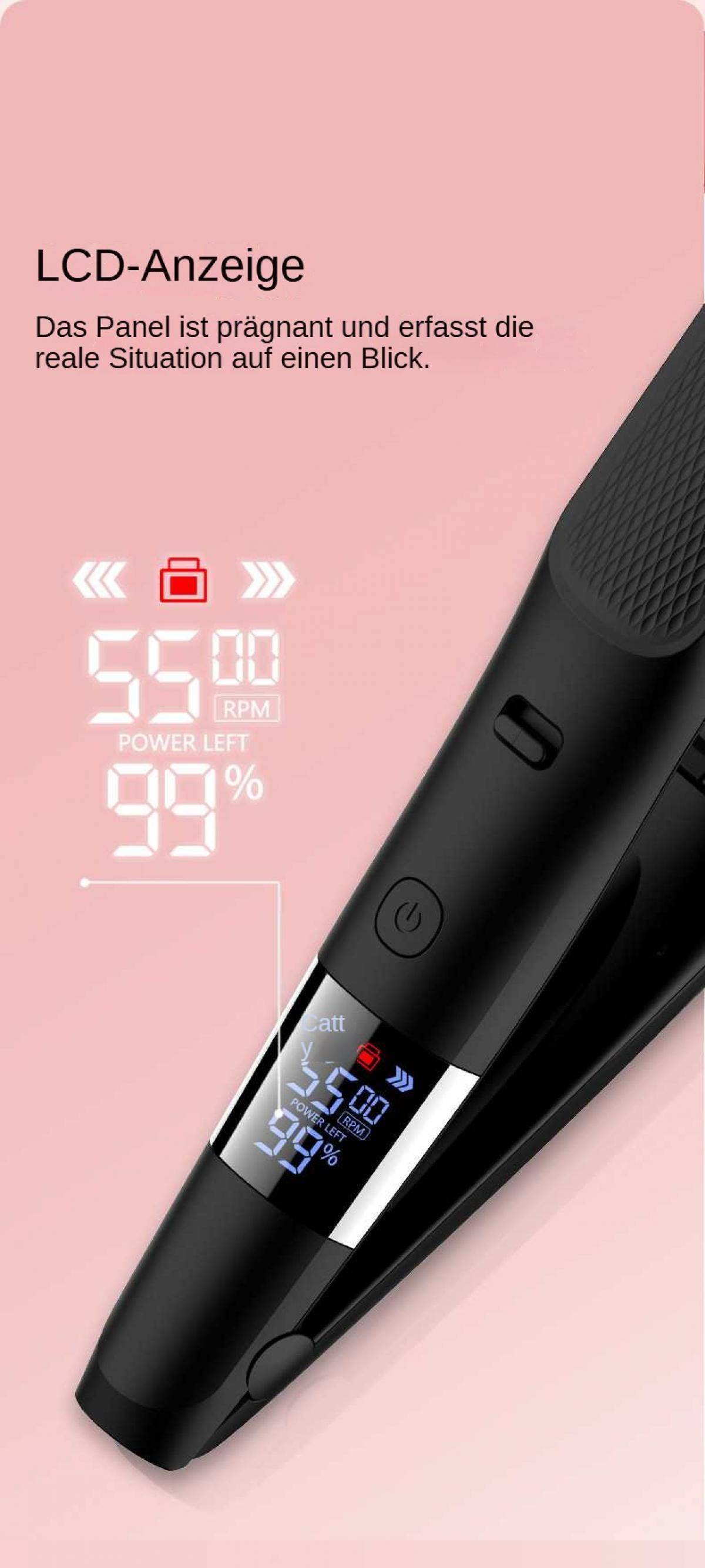 Schwarzer Haarglätter mit Anzeige von 5500 U/min und 99 % Leistung. Rosa Hintergrund mit Text: LCD-Anzeige.