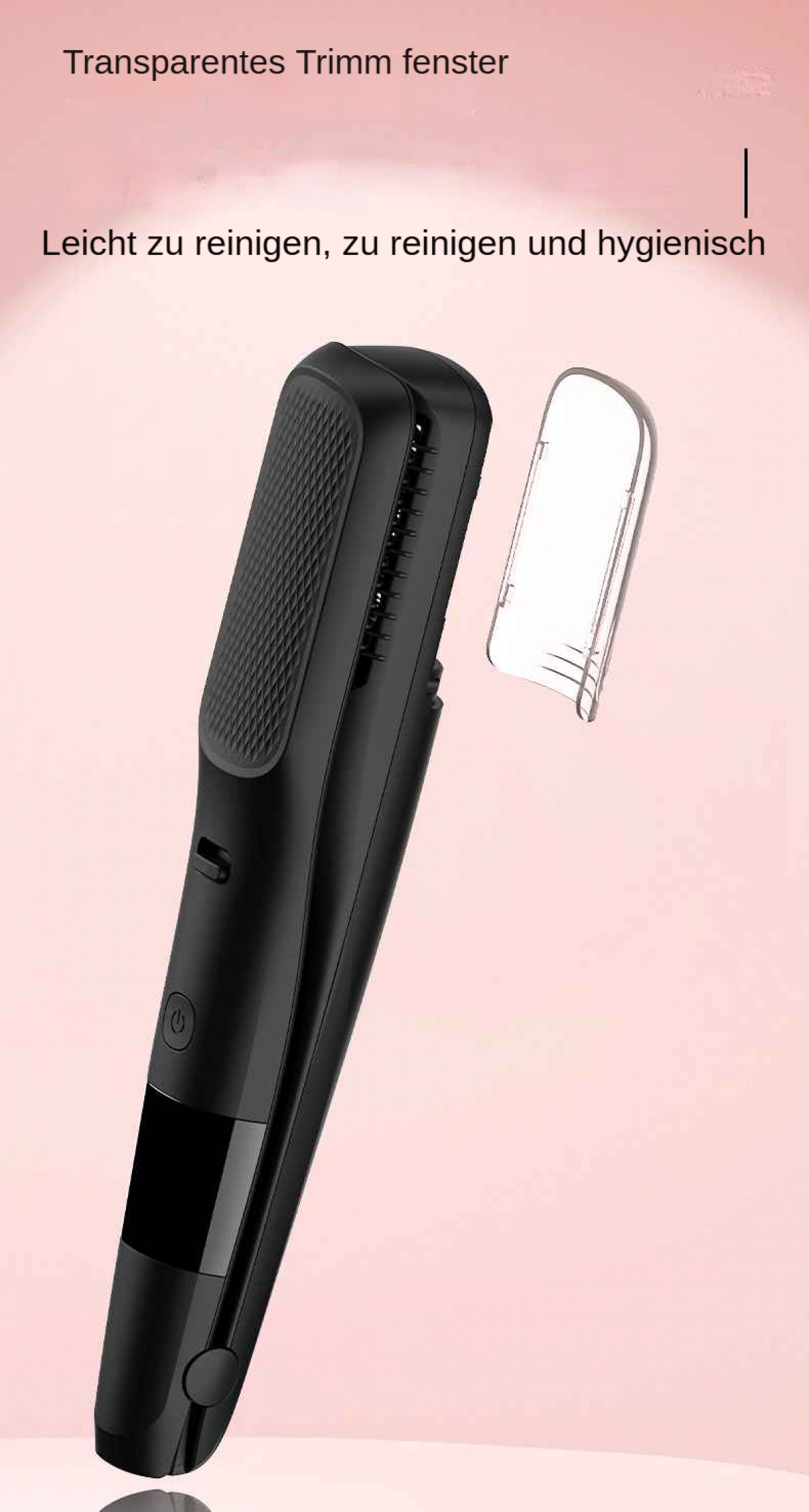 Schwarzer Trimmer mit transparentem Kopfschutz auf rosa Hintergrund, mit deutschem Text.