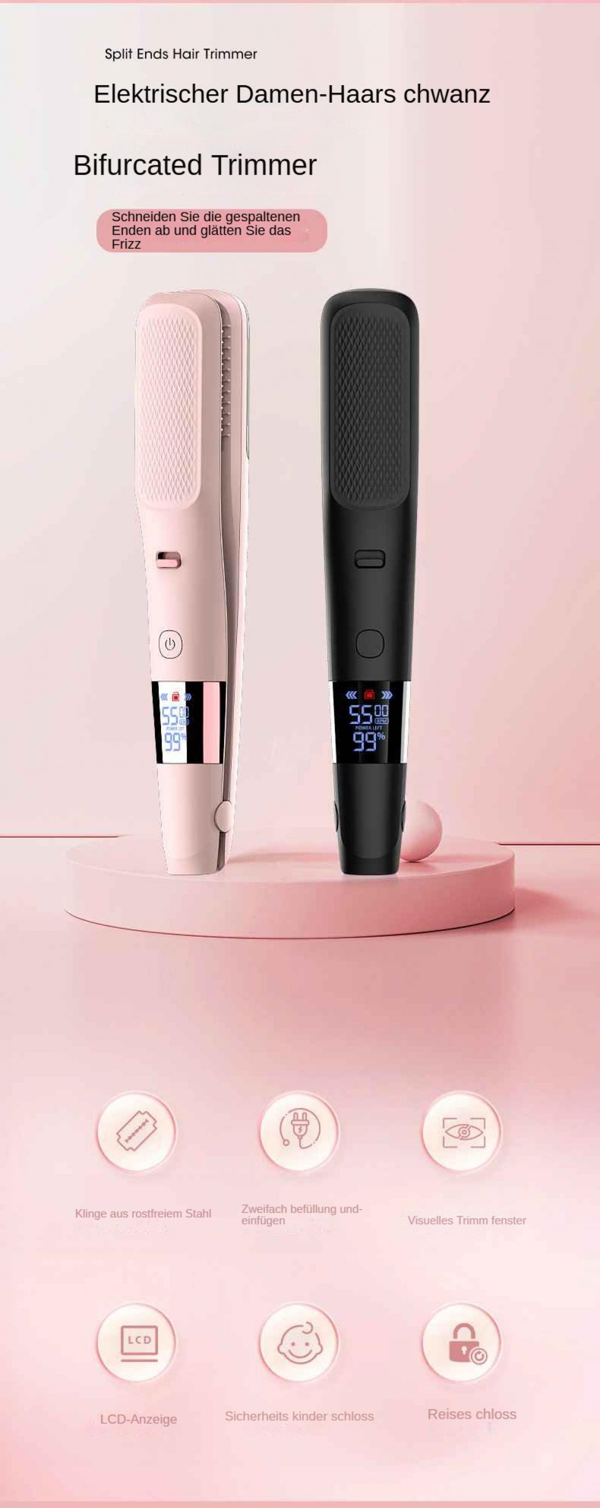 Das Bild zeigt zwei Haarspliss-Trimmer auf rosa Hintergrund. Zu den Merkmalen gehören LCD-Anzeige, Sicherheitssperre und Edelstahlklinge.