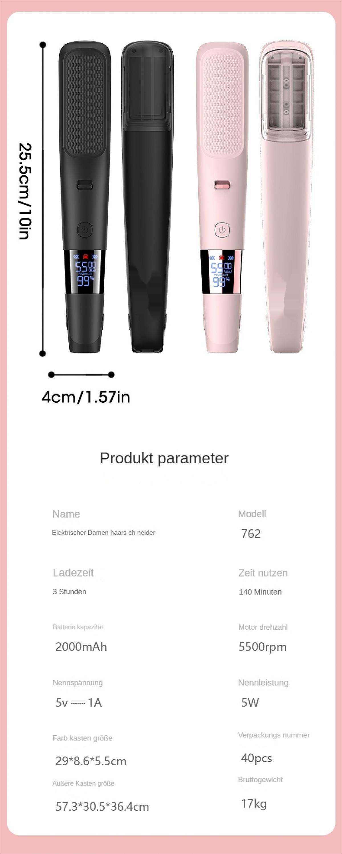 Das Bild zeigt Haarglätter in Schwarz, Rosa und Weiß mit Produktdetails und Abmessungen.