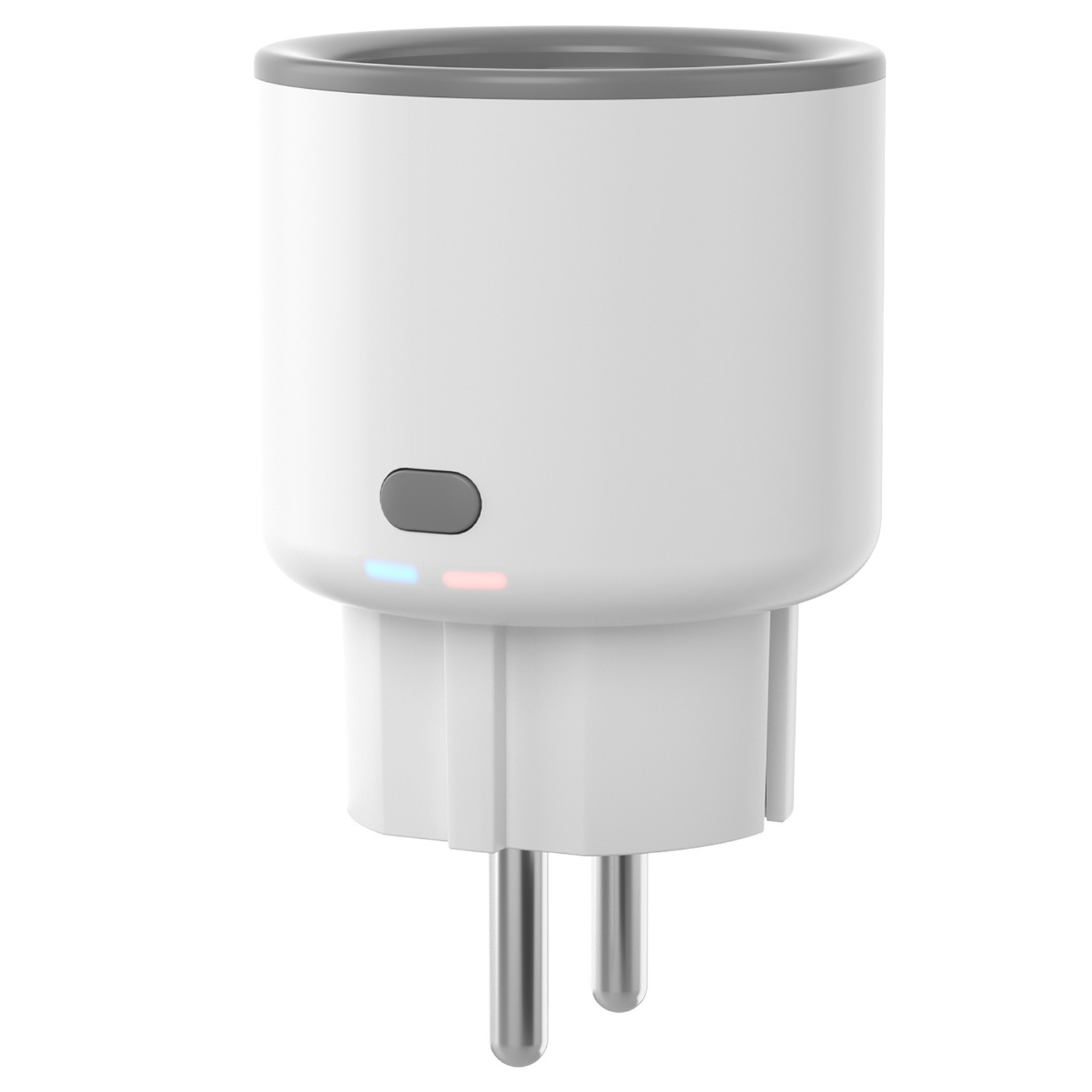 Ein weißer Smart Plug mit grauem Oberteil und Knopf. Es hat zwei Stifte und blaue/rote Lichter.