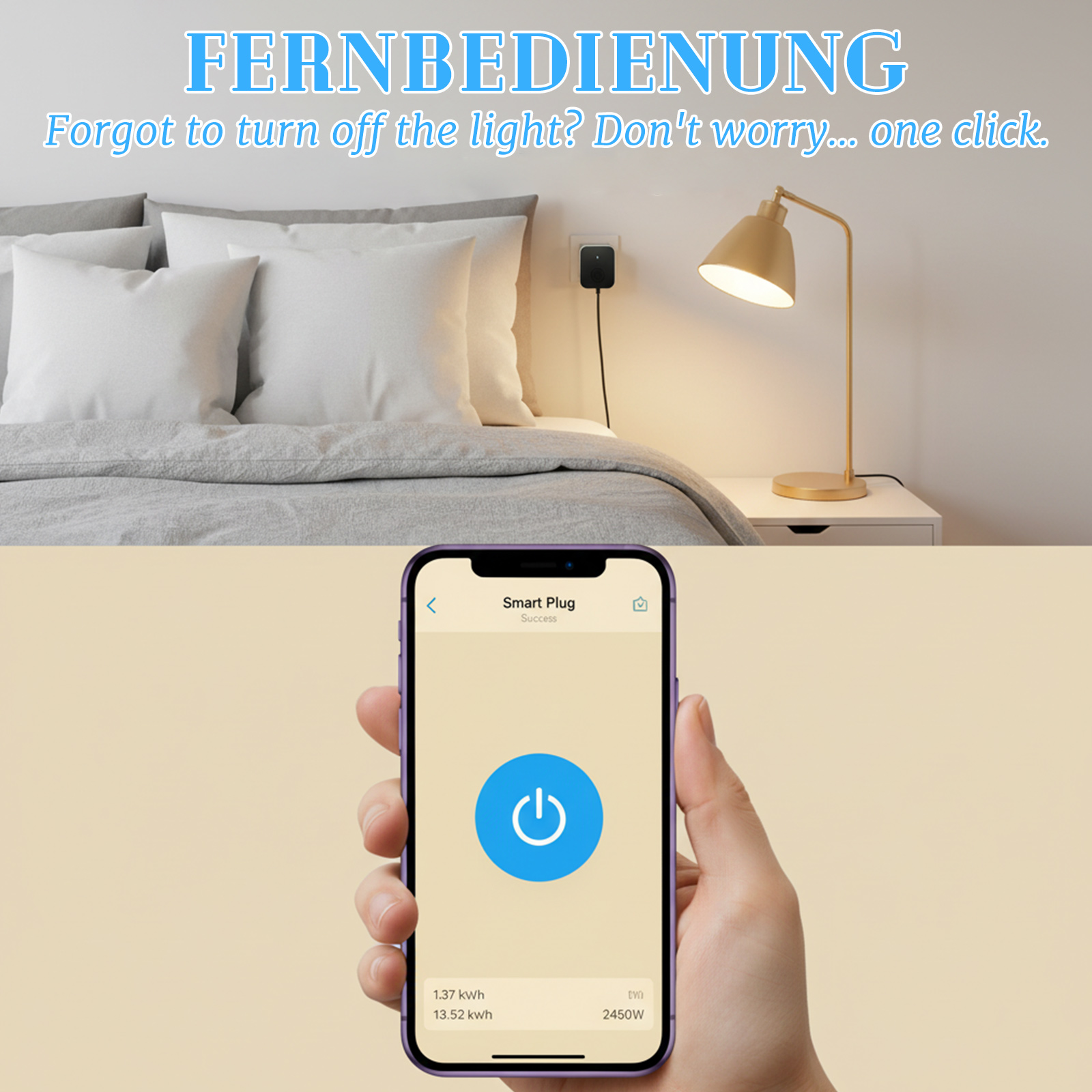 Eine Hand hält ein Telefon mit einer Smart-Plug-Oberfläche. Im Hintergrund ein Bett und eine Lampe. Text-Overlay: 'Fernbedienung'.