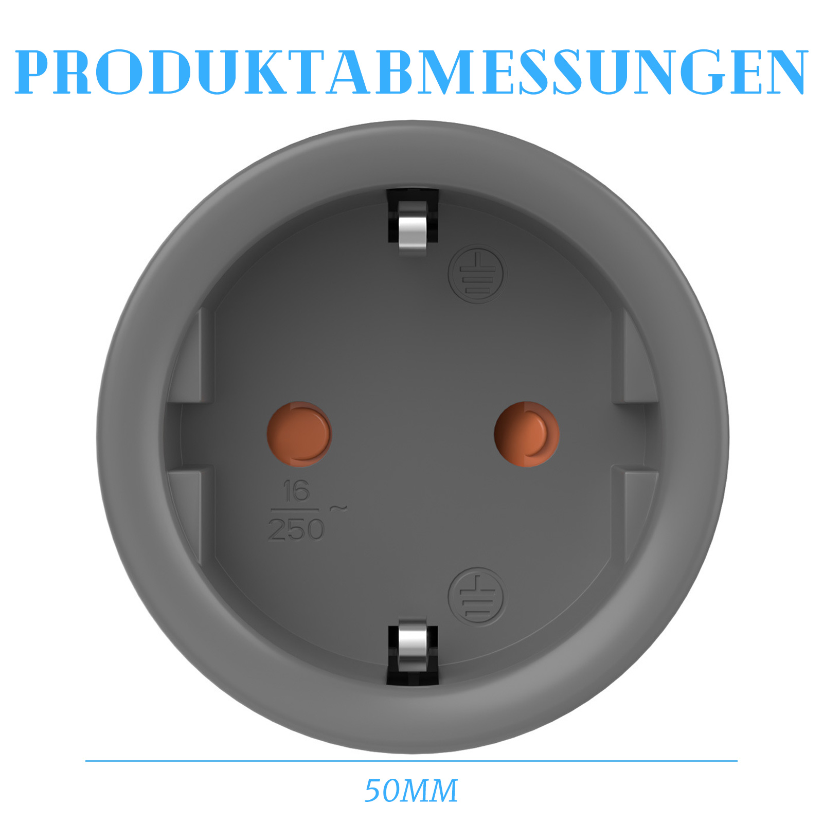 Nahaufnahme einer grauen Steckdose mit drei Löchern und Metallclips auf weißem Hintergrund. Der Text oben lautet 'Produktabmessungen'.