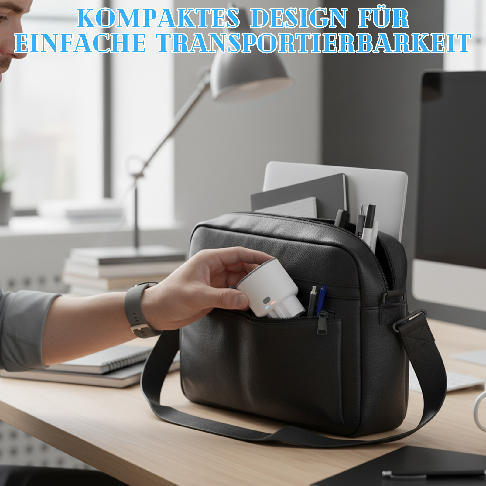 Eine Person legt ein weißes Gerät in eine schwarze Tasche. Die Tasche enthält Stifte, einen Laptop und andere Gegenstände.