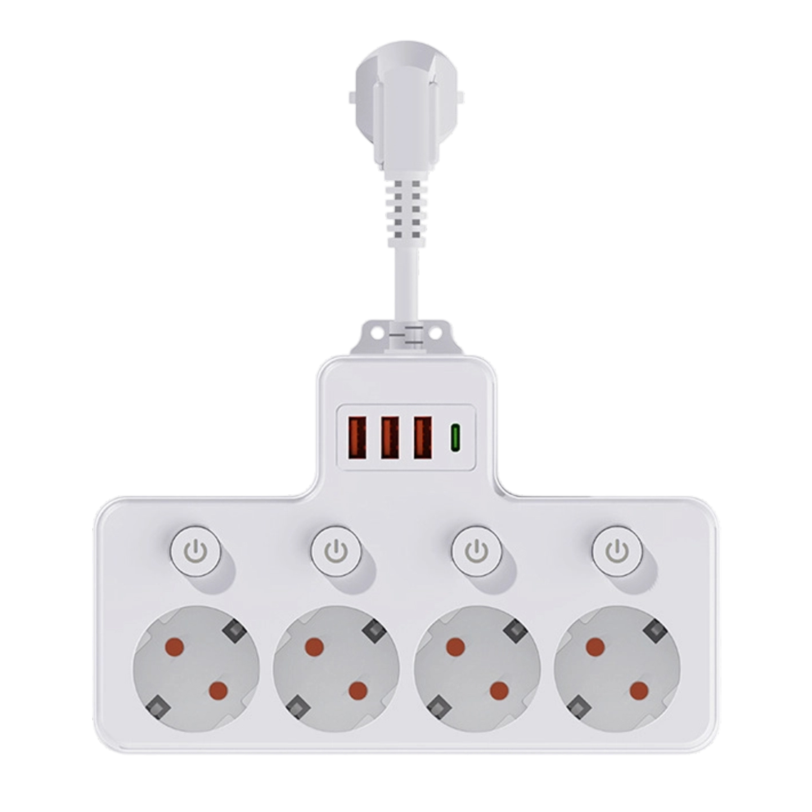 Weißes Verlängerungskabel mit vier Steckdosen, drei USB-Anschlüssen und einem Netzstecker. Jede Steckdose hat eine Einschalttaste.