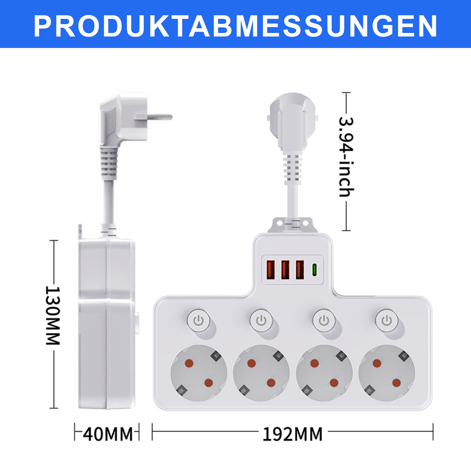 Weiße Steckdosenleiste mit mehreren Steckdosen und Maßangaben. Verfügt über einen Stecker, USB-Anschlüsse und Ein- / Aus-Schalter.