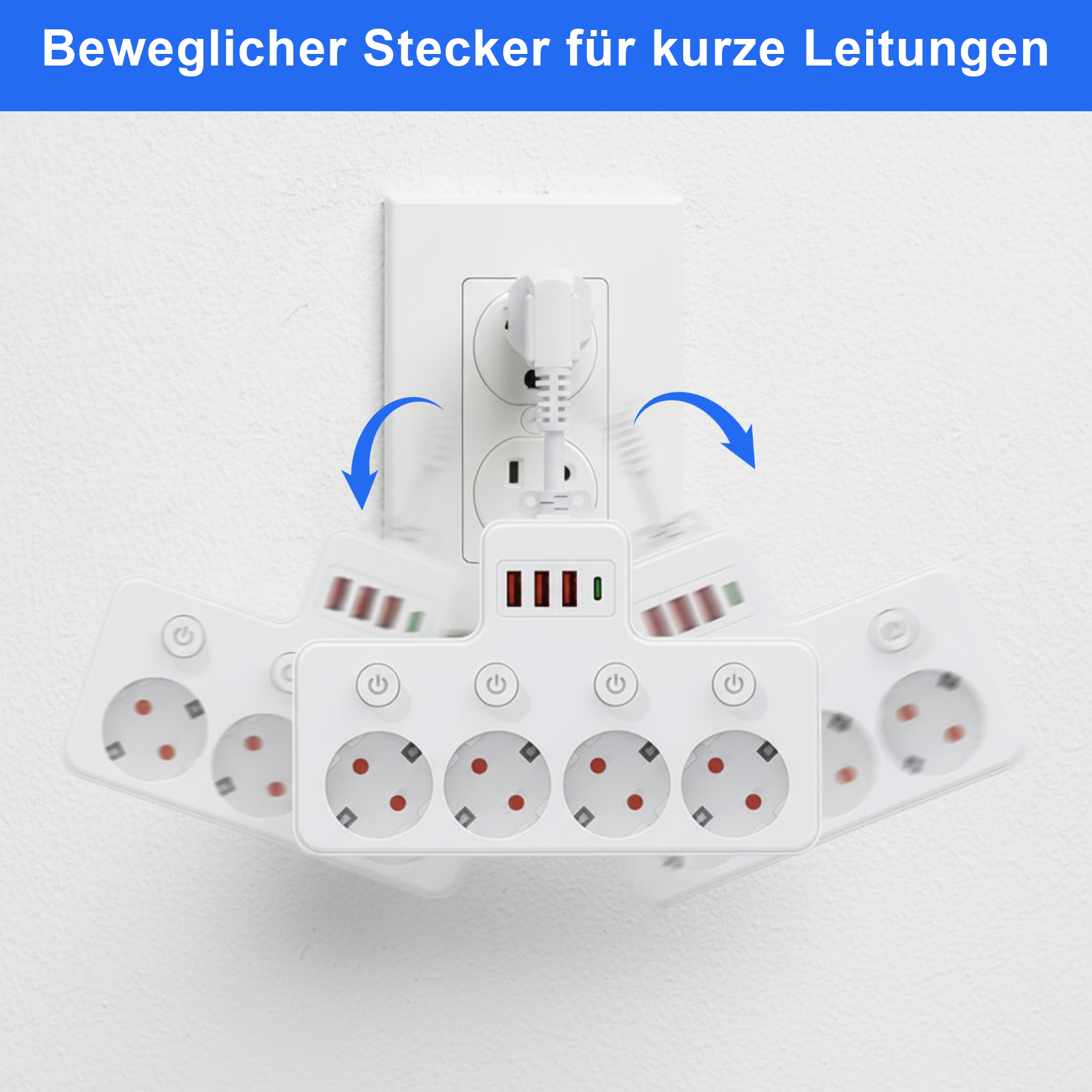 Weißes Mehrfachsteckdose mit Steckdosen und USB-Anschlüssen, in einer Steckdose. Pfeile zeigen einstellbare Winkel.