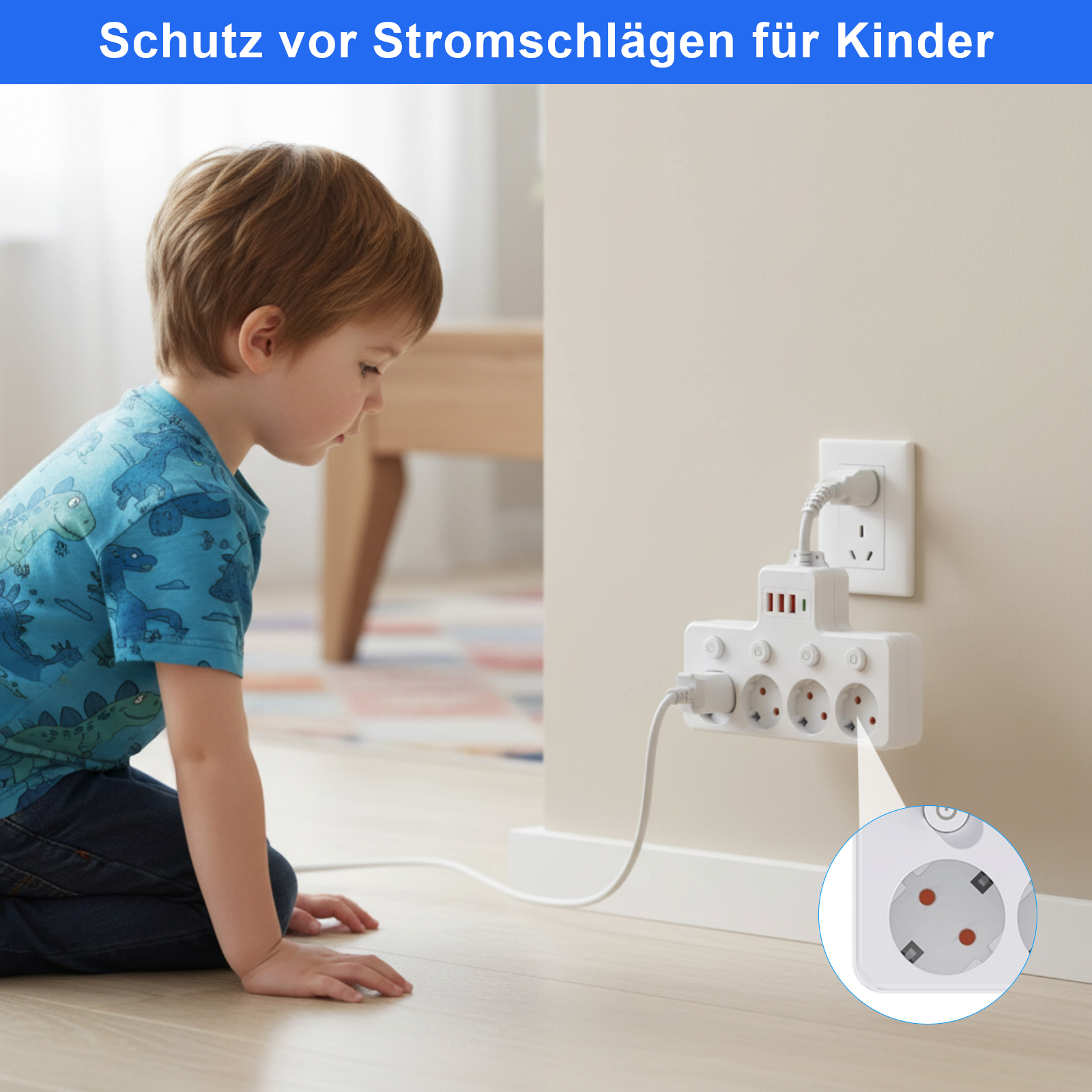 Ein Kind betrachtet eine weiße Steckdosenleiste mit Kindersicherung an der Wand. Das Kabel liegt auf dem Holzboden.