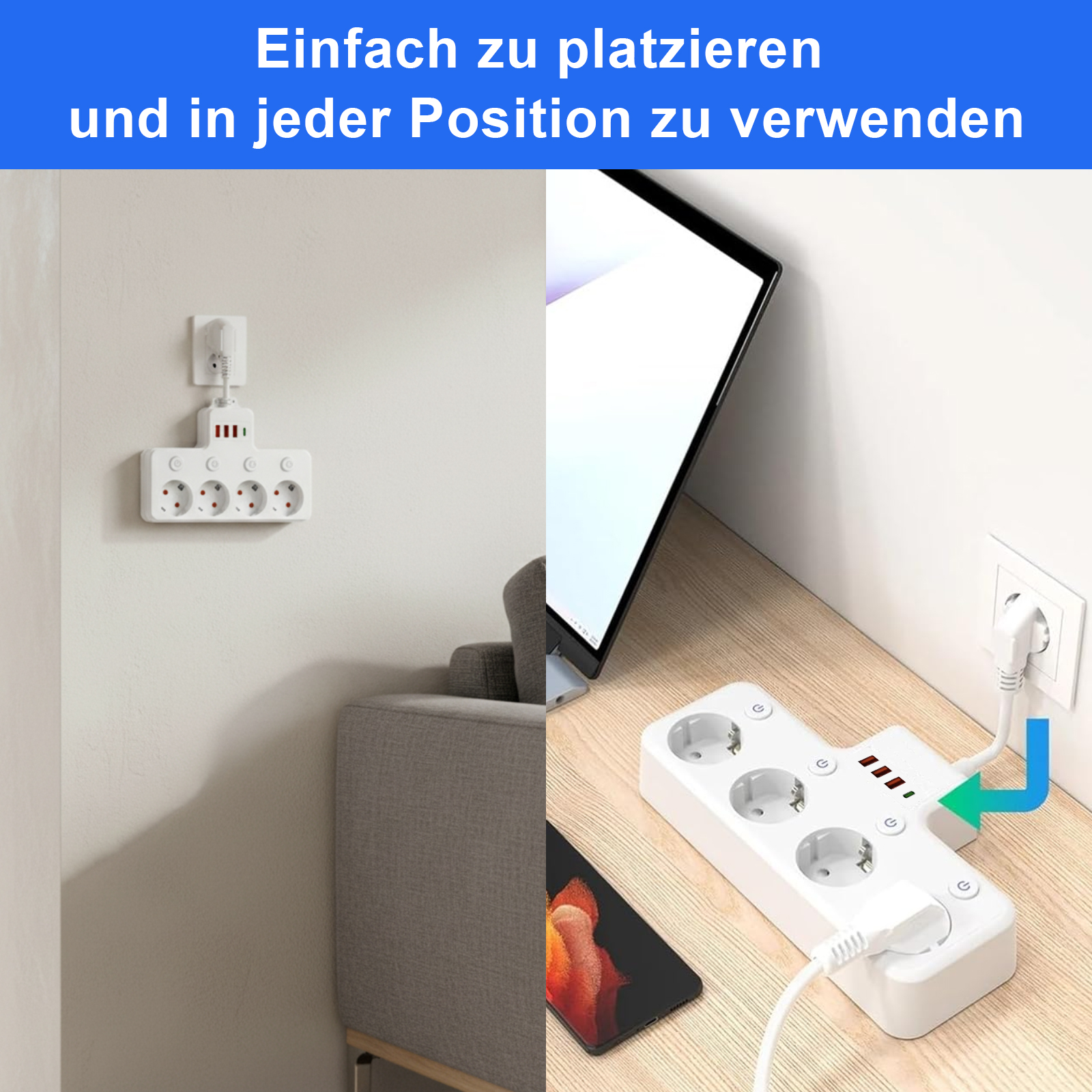 Weiße Steckdosenleiste mit mehreren Steckdosen an Wand und Schreibtisch. Ein Telefon und ein Monitor sind sichtbar.
