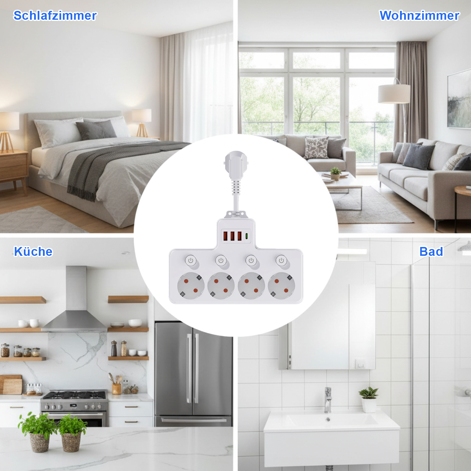 Das Bild zeigt eine Steckdosenleiste und Raumabschnitte: Schlafzimmer, Wohnzimmer, Küche und Badezimmer. Jeder Raum ist beschriftet.