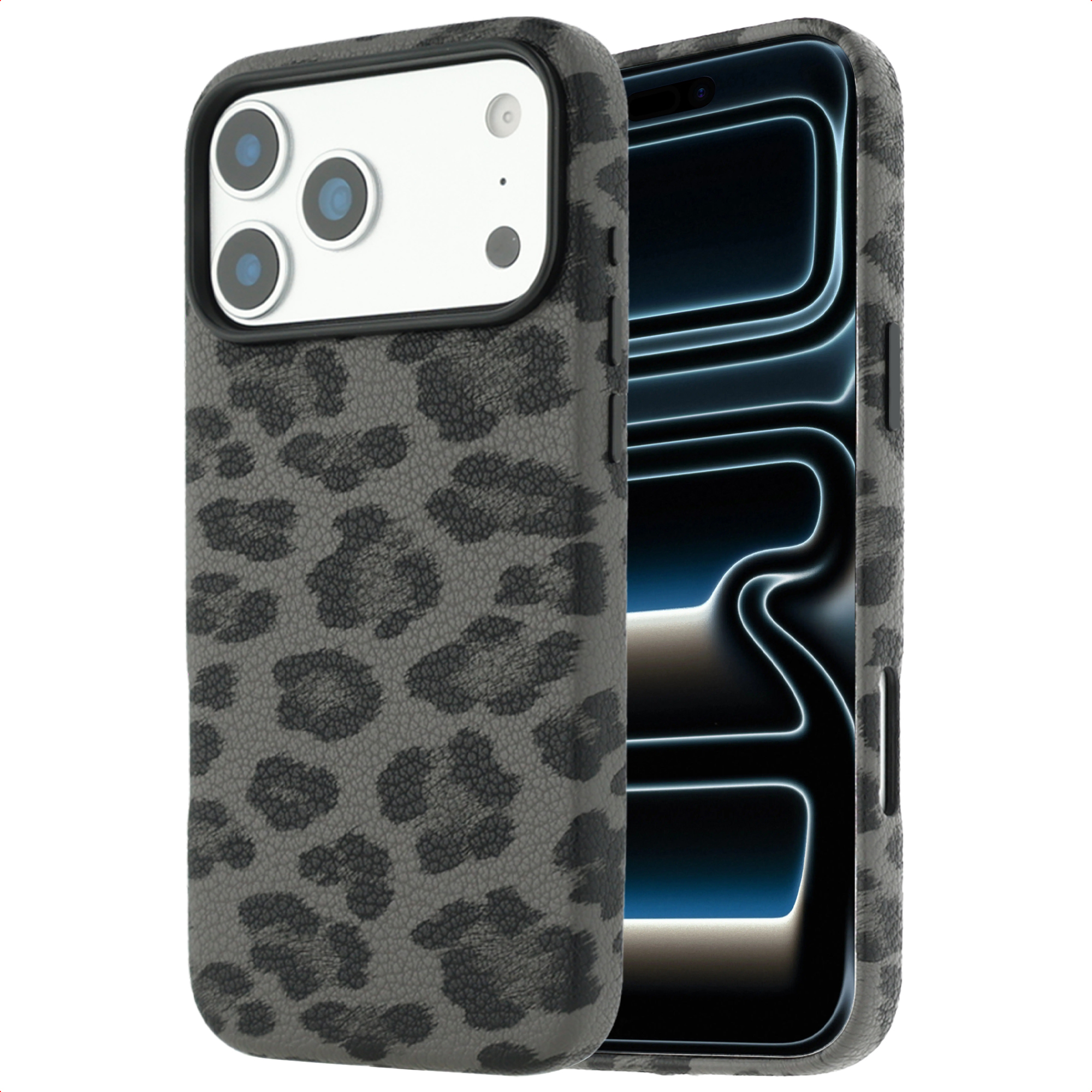 Téléphone avec coque à imprimé léopard. Objectifs de caméra visibles. Écran avec interface bleue brillante. Fond blanc.