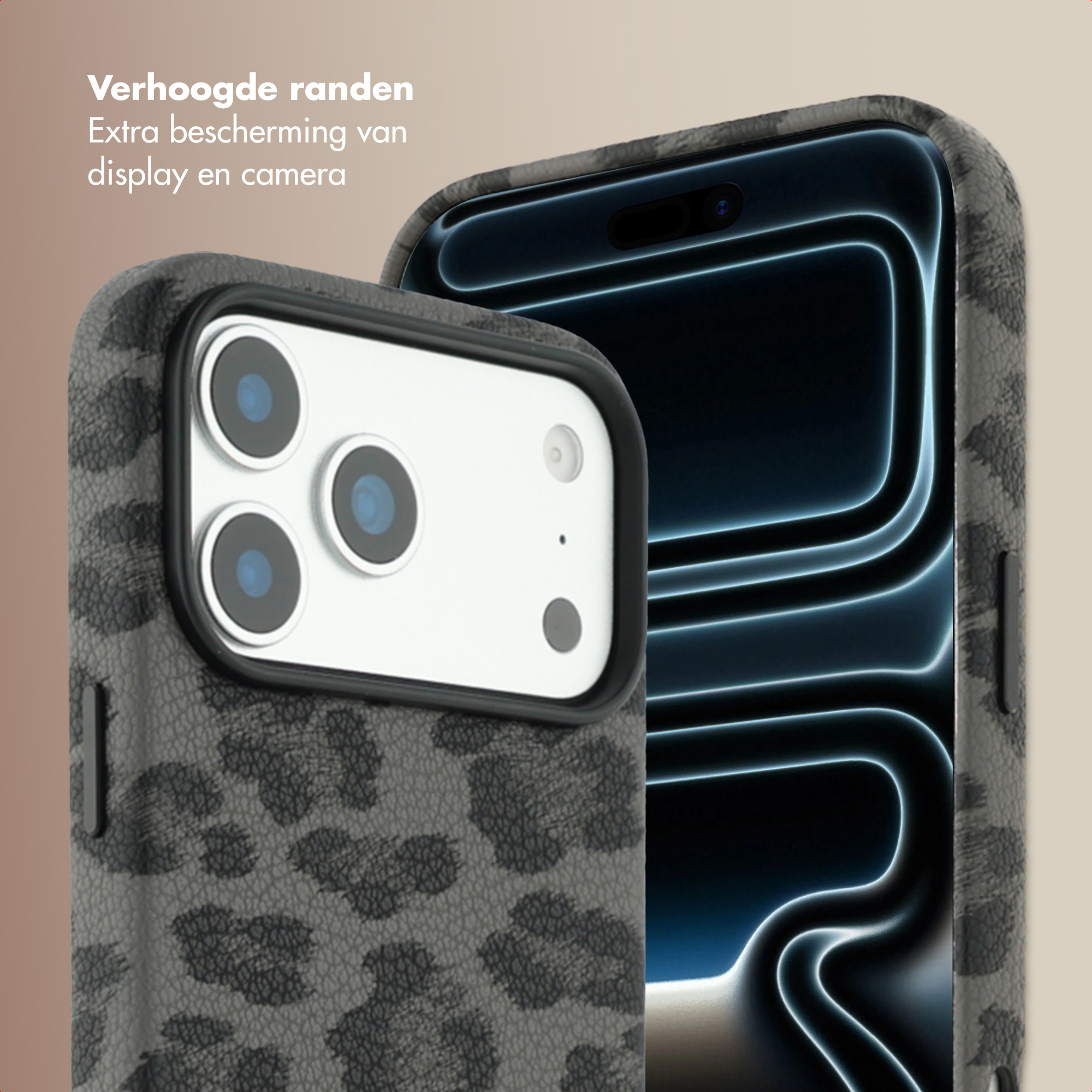 Deux smartphones dans des étuis sont montrés. L'un a un appareil photo et l'autre montre un écran. Les étuis ont un imprimé léopard gris.