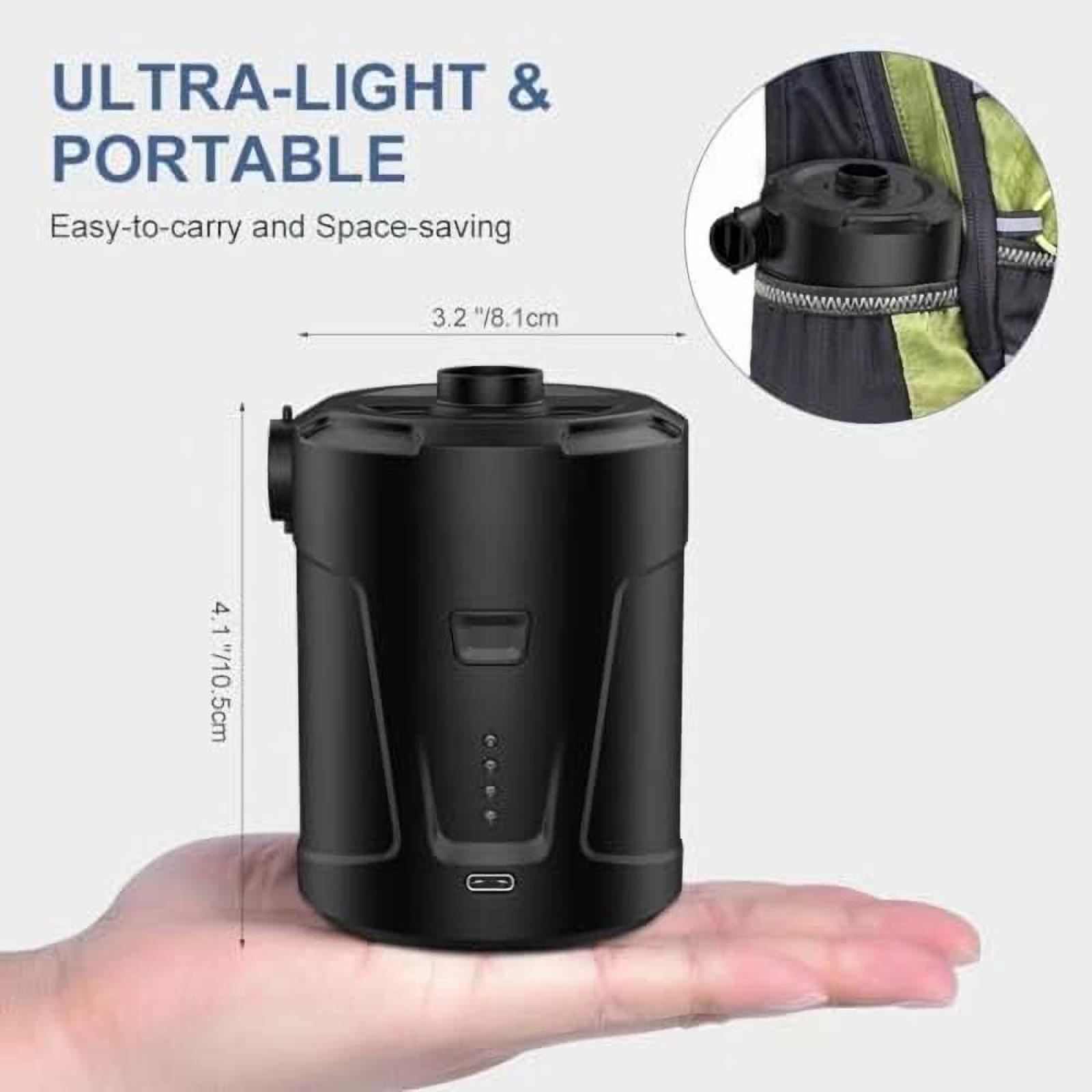 Ein schwarzes tragbares Gerät wird in der Hand gehalten. Es hat Dimensionsangaben. Ein Gerät in einem Rucksack ist sichtbar.