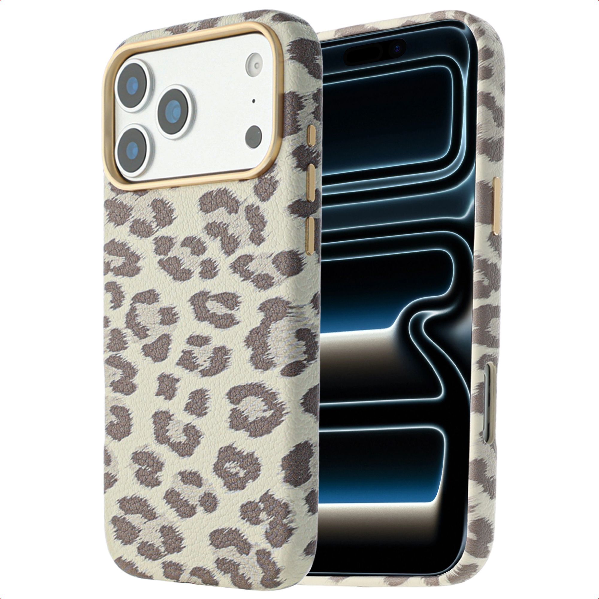 Un téléphone dans un étui à imprimé léopard. L'étui est blanc cassé avec des taches marron. L'écran du téléphone est noir.