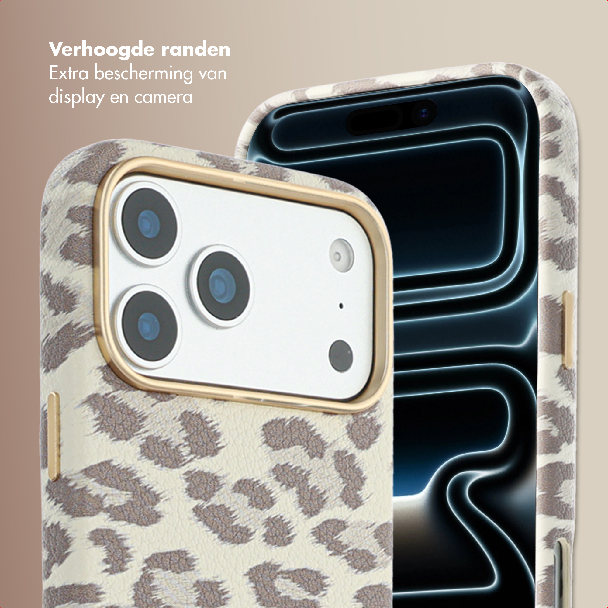 Gros plan sur une coque de téléphone à imprimé léopard, montrant l'appareil photo, l'écran et les bords surélevés.