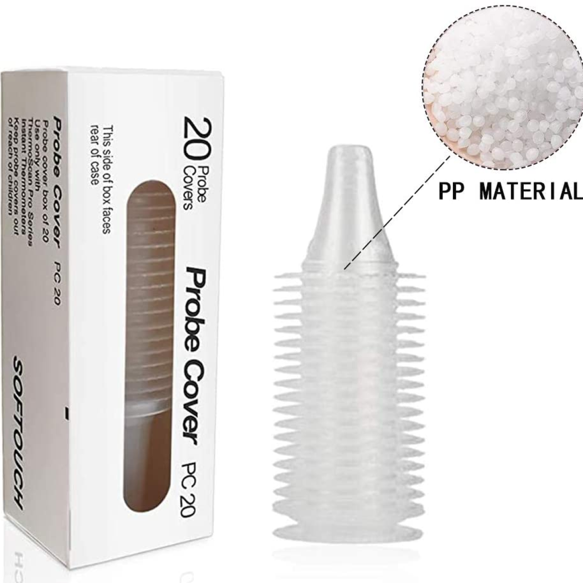 Eine Schachtel mit Sondenhüllen, ein Stapel durchsichtiger Hüllen und eine Nahaufnahme von Kunststoffpellets mit der Aufschrift 'PP MATERIAL'.