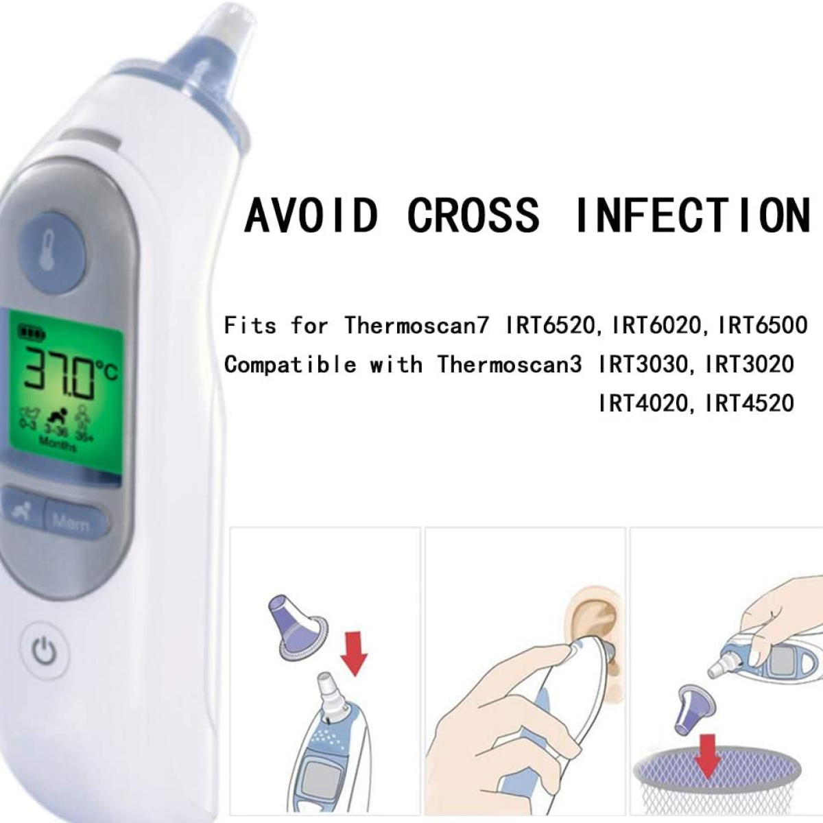 Ein weiß-blaues Ohrthermometer zeigt 37,0 Grad an. Text sagt 'INFEKTIONEN VERMEIDEN' und kompatible Modelle.