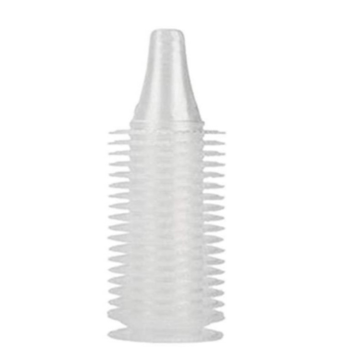 Ein Stapel klarer, plastischer Ohrthermometerabdeckungen. Sie sind konisch mit geriffelten Kanten. Der Hintergrund ist weiß.