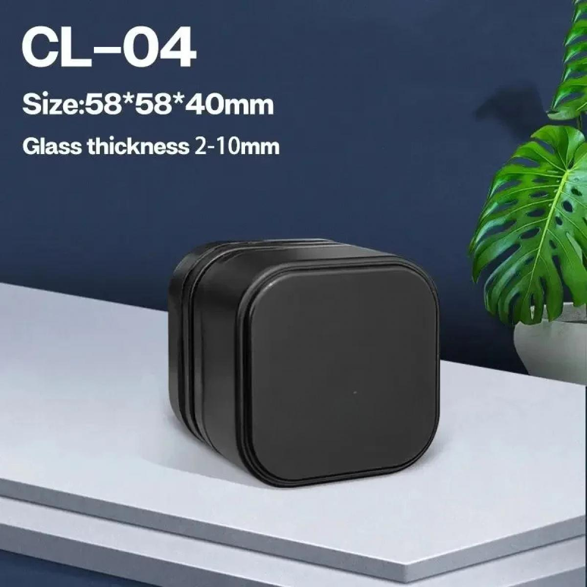 Ein schwarzes, quadratisches Produkt auf einer weißen Oberfläche. Text oben lautet 'CL-04' und Größenangaben. Eine Pflanze im Hintergrund.