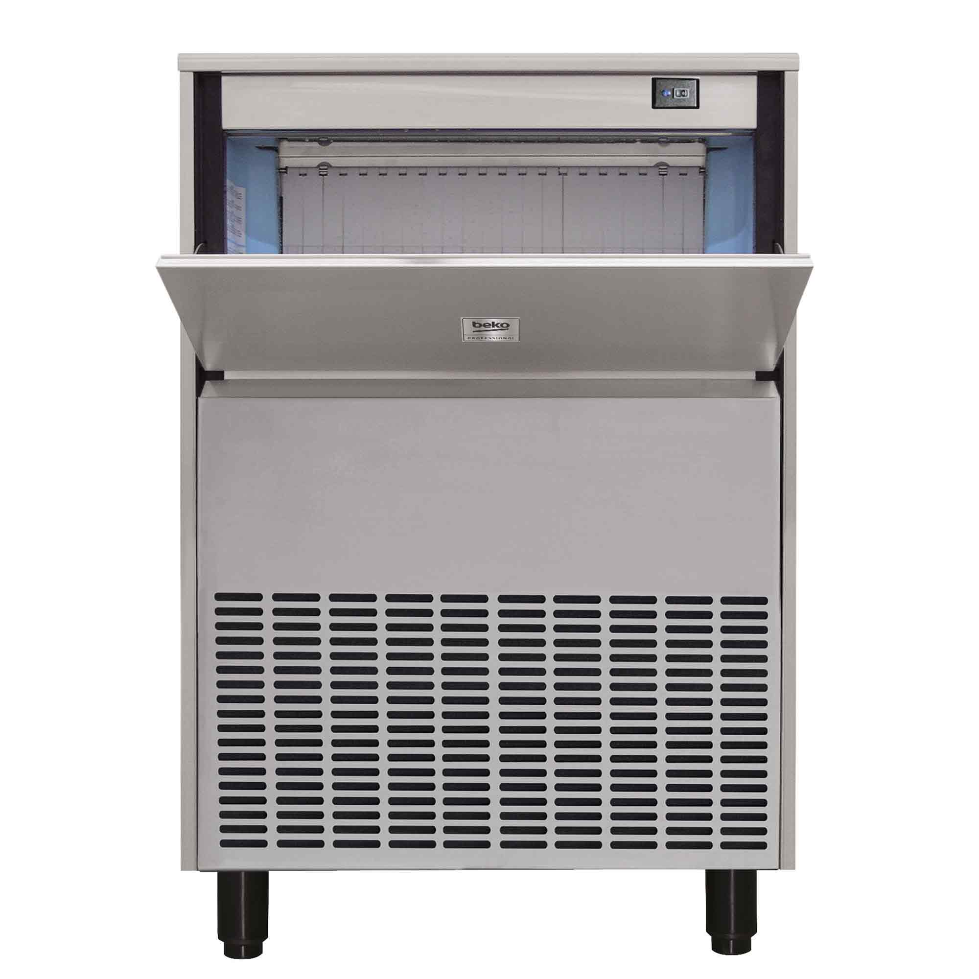 Eine Eismaschine mit geöffneter Tür. Die Maschine ist silberfarben und hat ein Beko-Logo. Die Tür hat eine offene Platte.