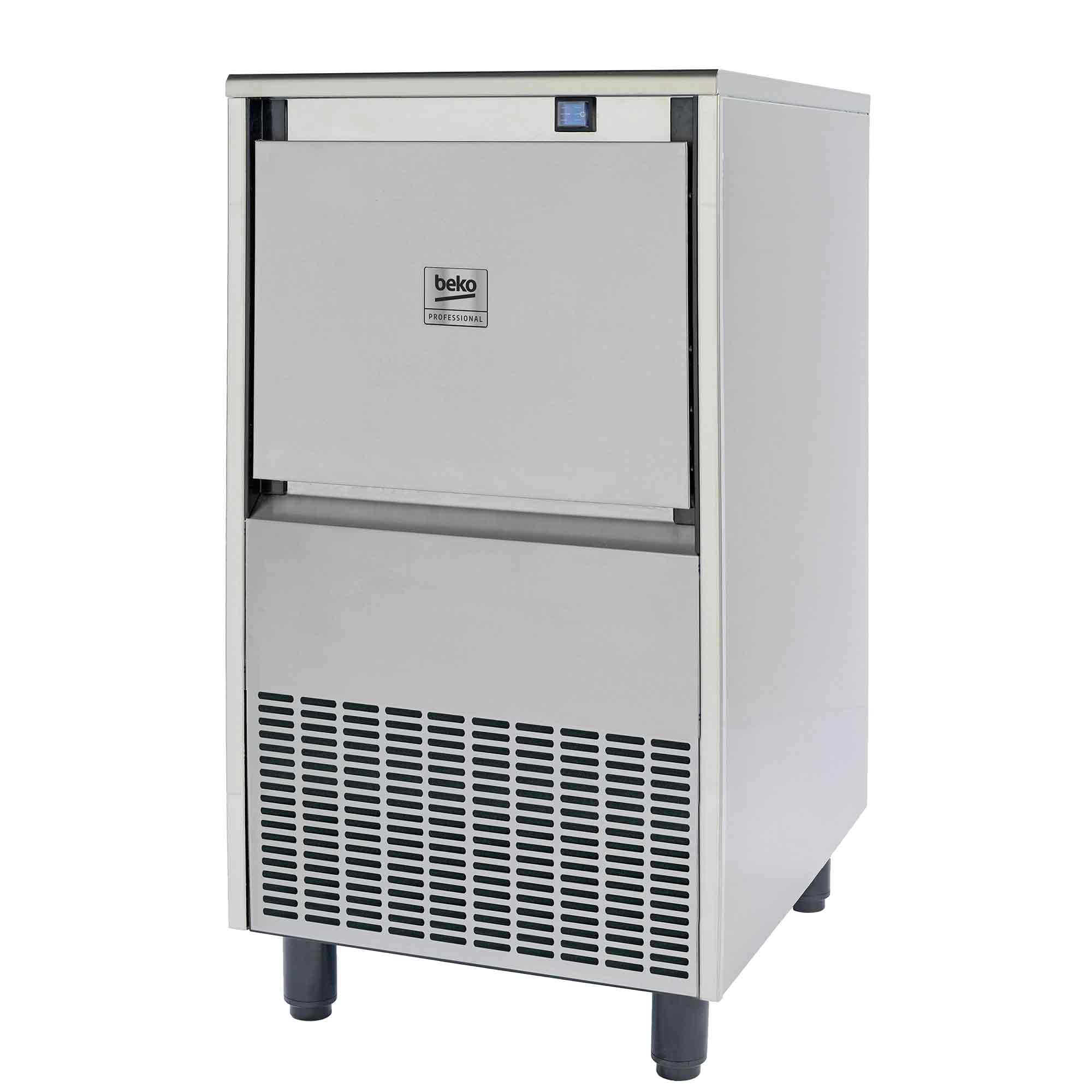 Eine Beko-Eismaschine aus Edelstahl mit Professional-Logo, Lüftungsschlitzen unten und schwarzen Beinen.