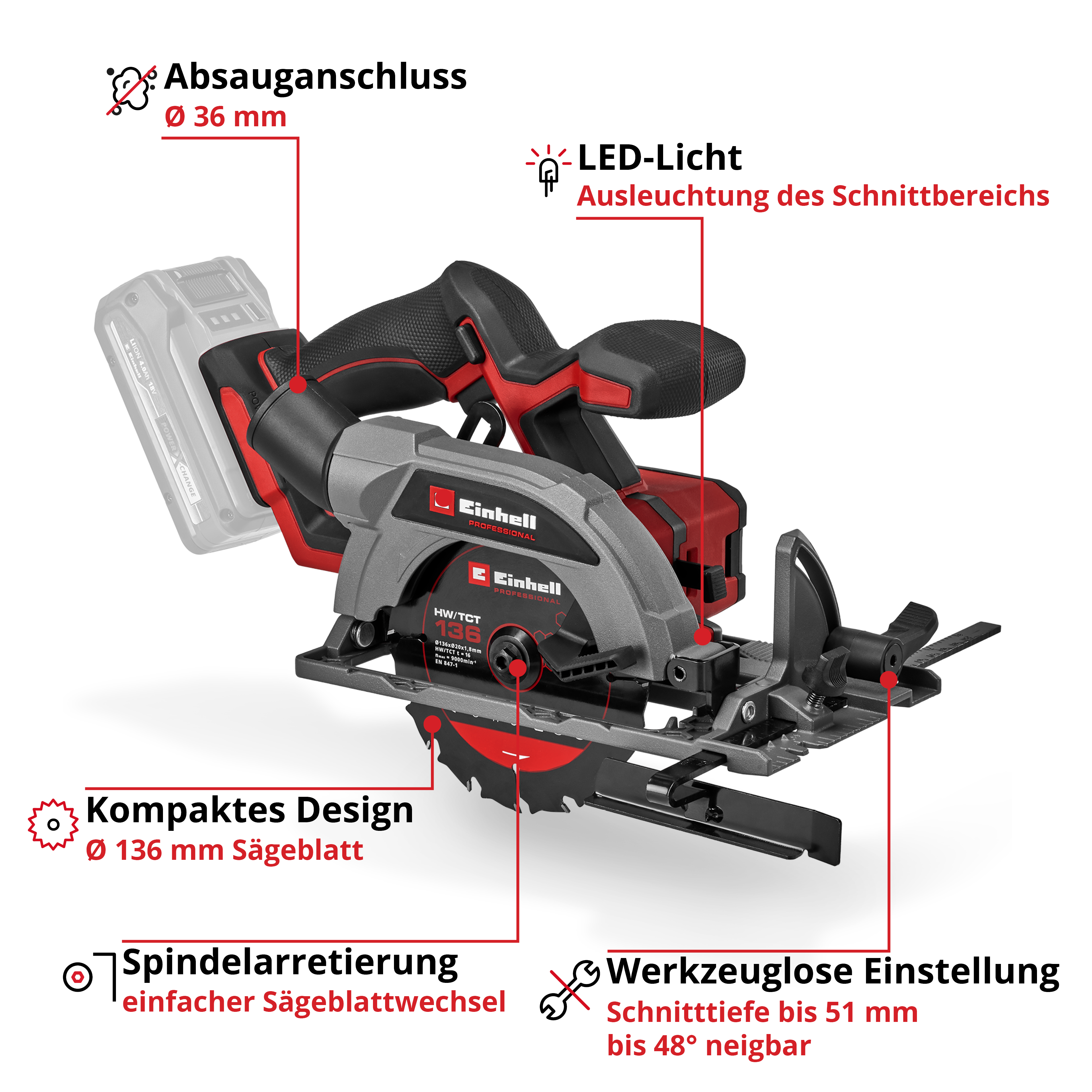 Graue und rote Kreissäge mit schwarzem Blatt, gekennzeichnet mit Funktionen wie LED-Licht und kompaktem Design.