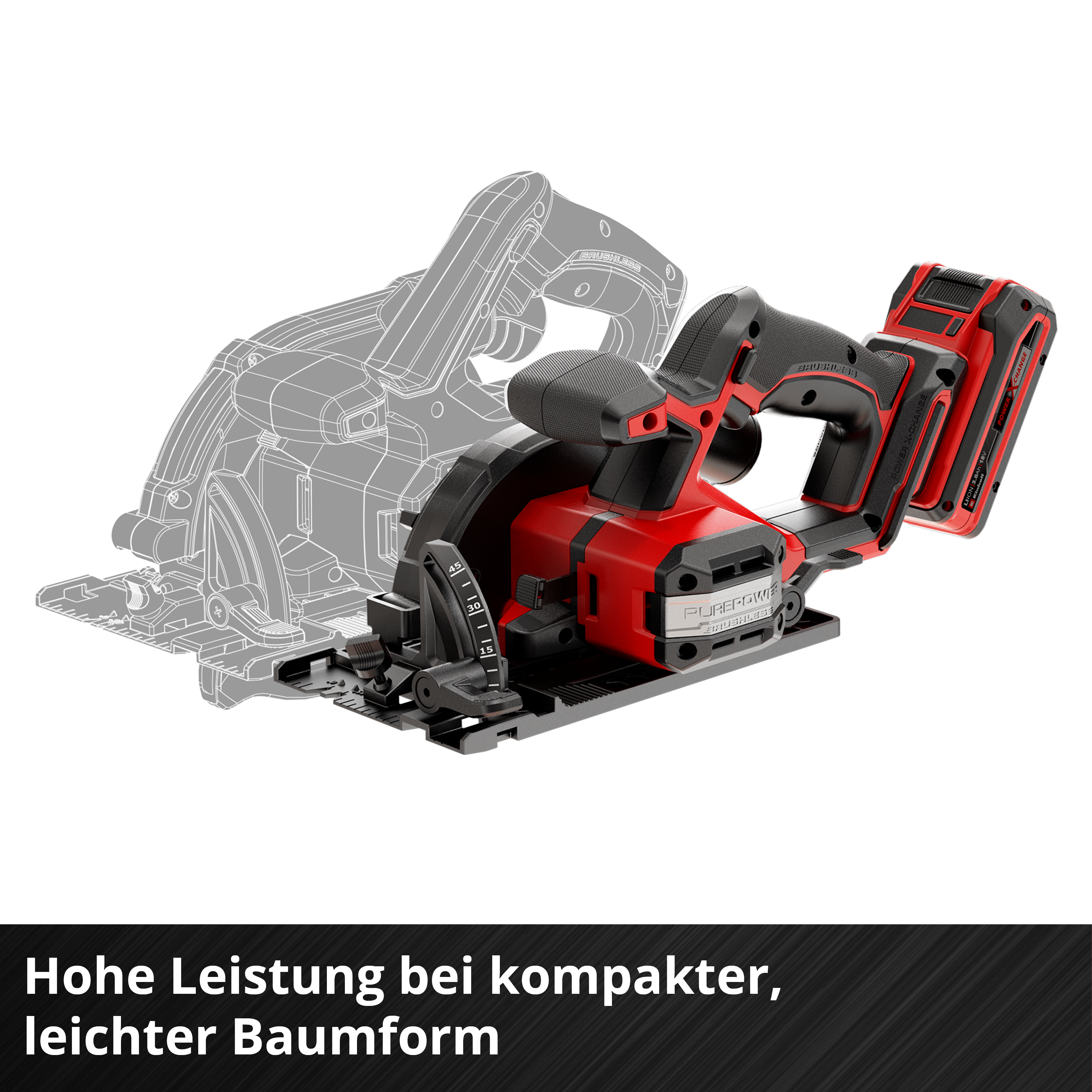 Eine rot-schwarze Akku-Kreissäge auf weißem Hintergrund, mit einer verblassten Umrisslinie der Säge dahinter.