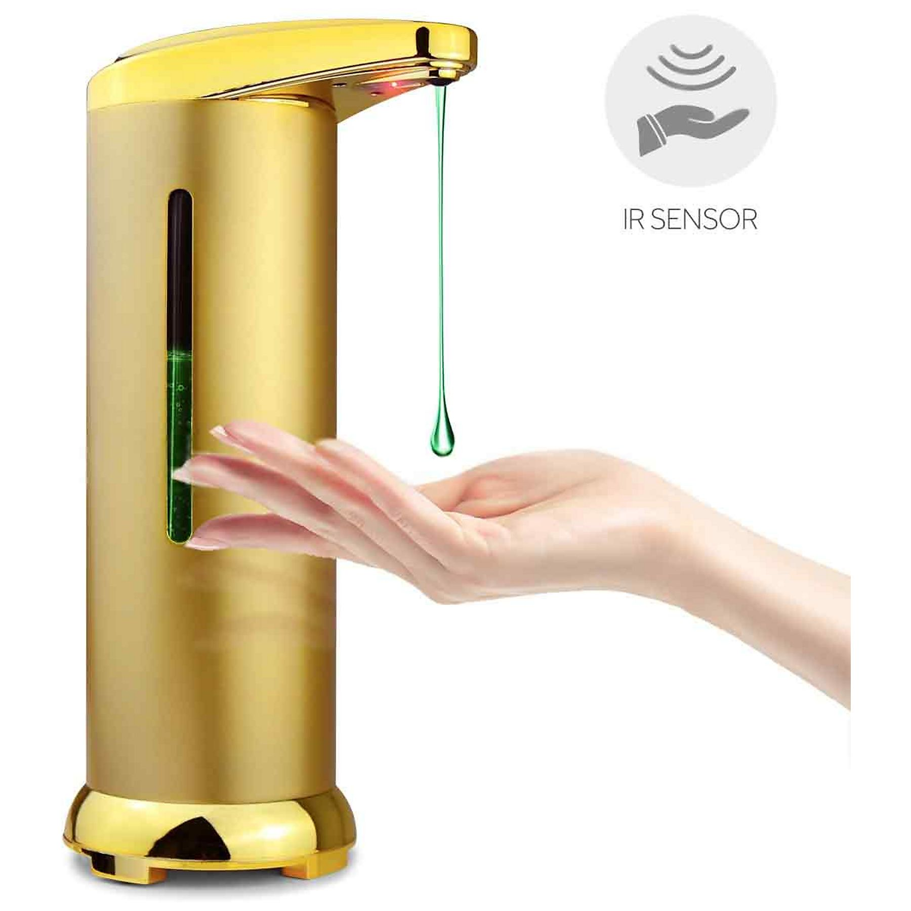 Ein goldener, automatischer Seifenspender gibt grüne Flüssigkeit auf eine Hand ab. Ein Sensor-Symbol befindet sich rechts.