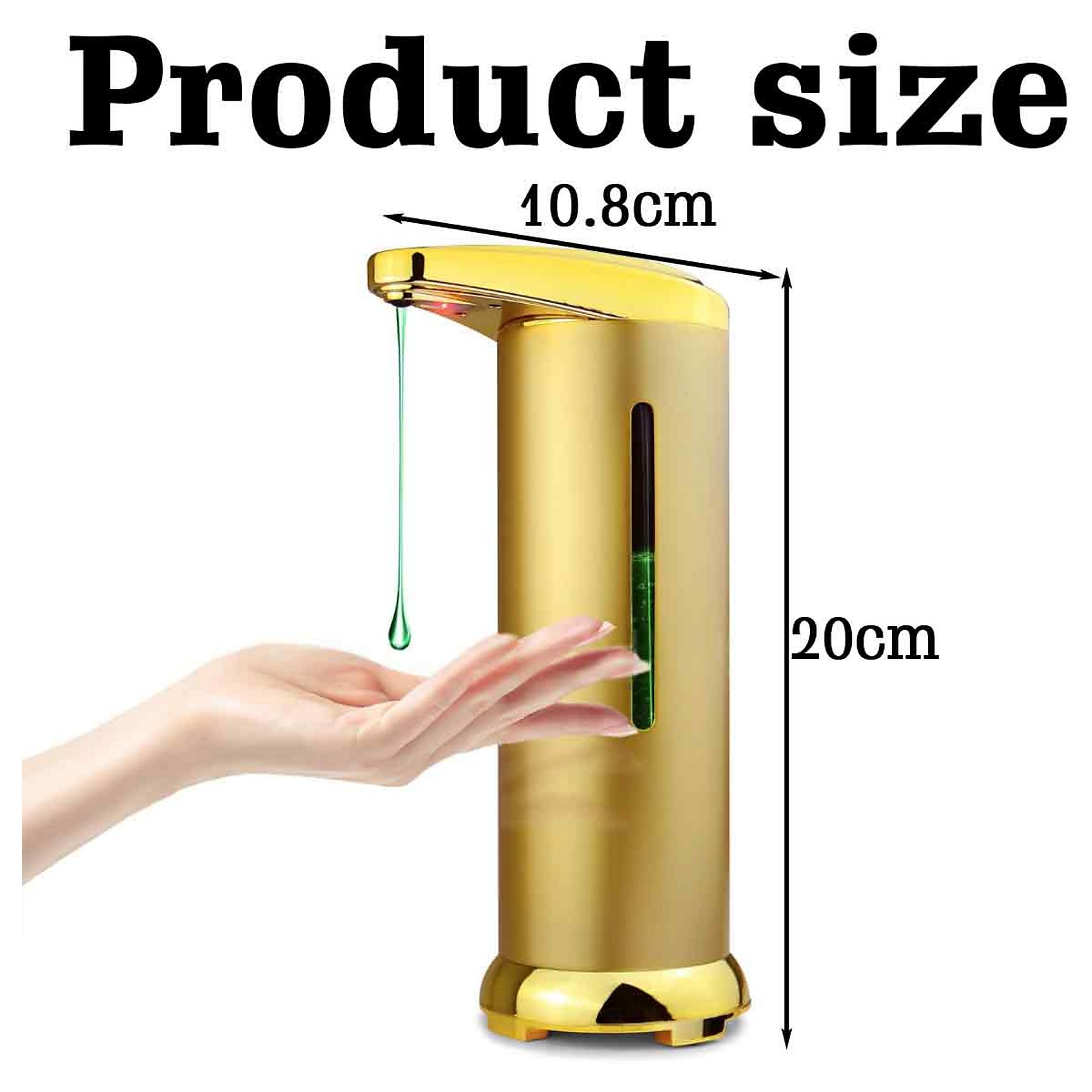 Goldener automatischer Seifenspender. Grüne Flüssigkeit wird auf eine Hand abgegeben. Produktgröße: 10,8 cm x 20 cm.