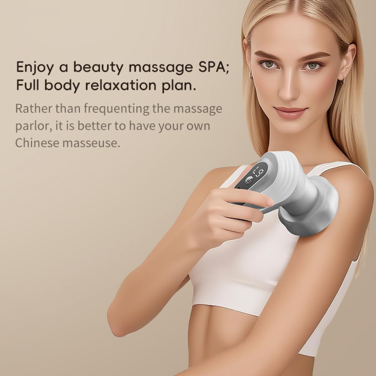 Eine Frau hält ein Massagegerät und wendet es auf ihren Arm an. Text wirbt für ein Beauty-Massage-SPA und einen Körperentspannungsplan.