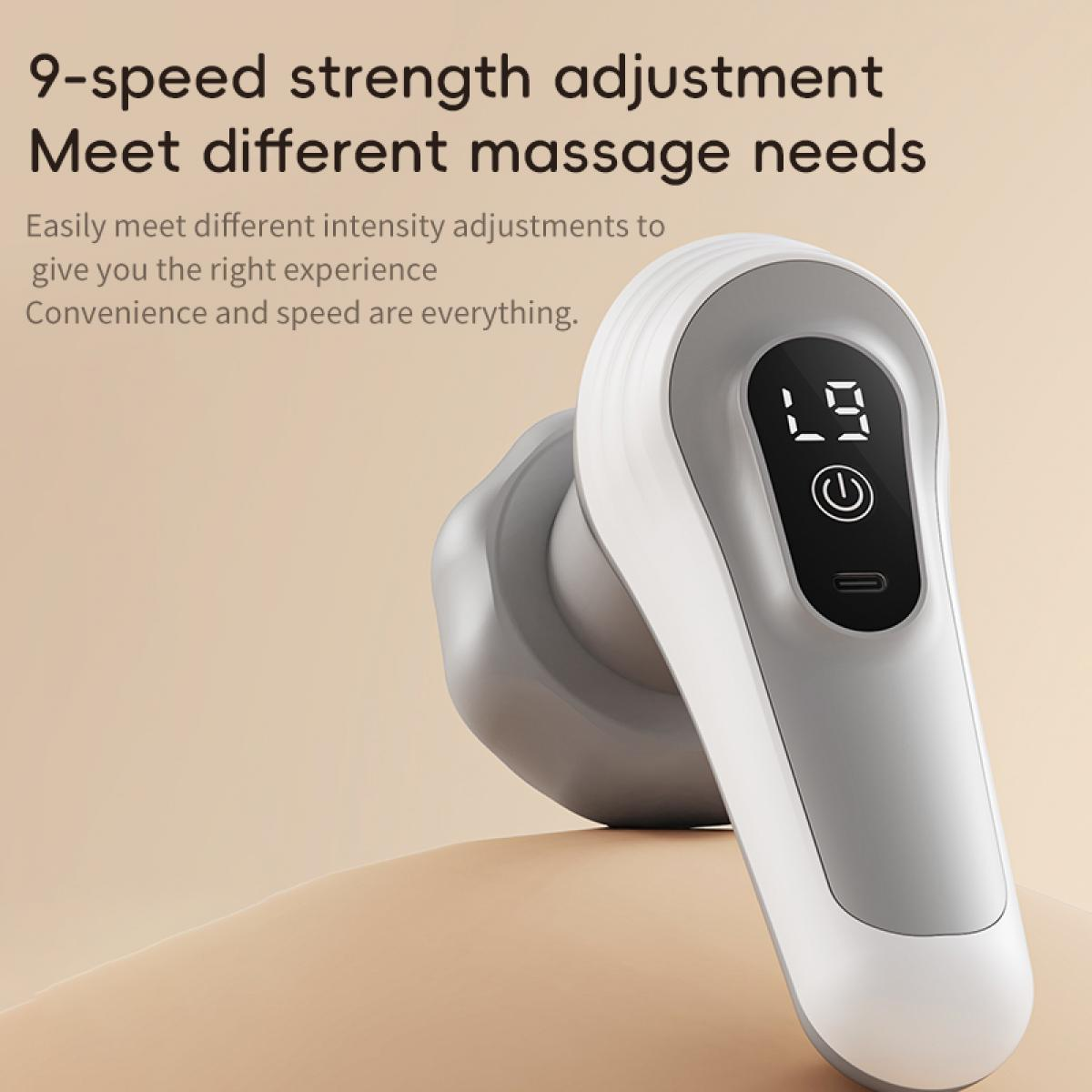 Ein weiß-graues Massagegerät mit digitaler Anzeige 'L9'. Der Hintergrund ist ein Beige-Weiß-Farbverlauf.
