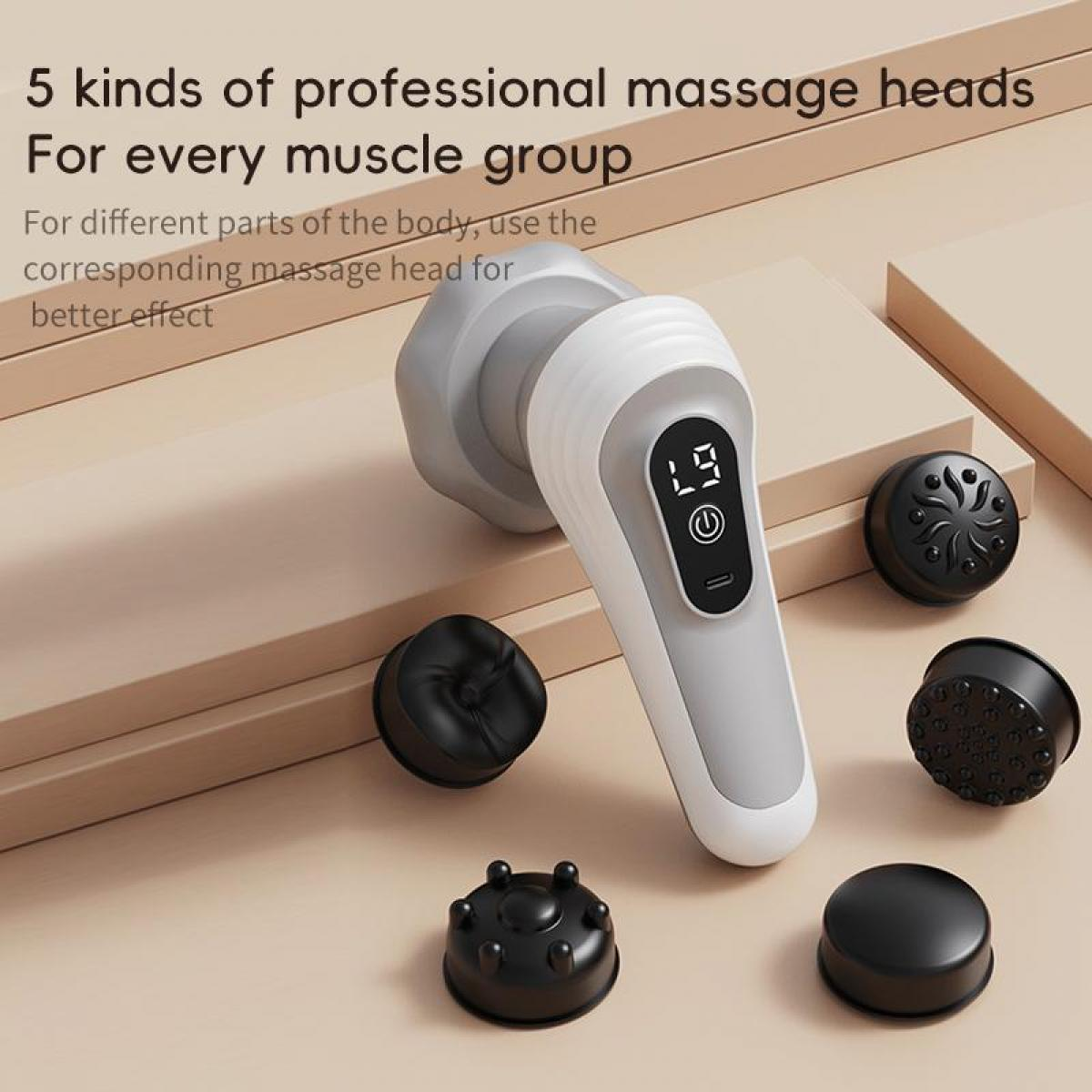 Eine Massagepistole mit mehreren schwarzen Köpfen und einem weiß-grauen Gehäuse. Text: 5 Massageköpfe für jede Muskelgruppe.