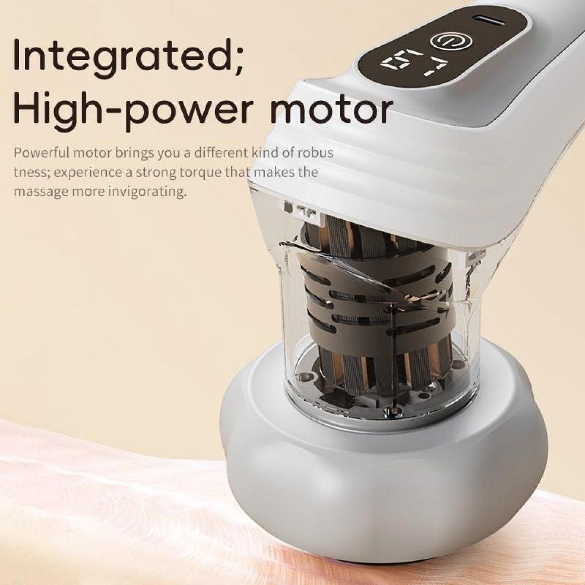 Gezeigt wird ein weißes und transparentes Fußpflegegerät mit Motor. Der Text oben lautet 'Integrated; High-power motor'.
