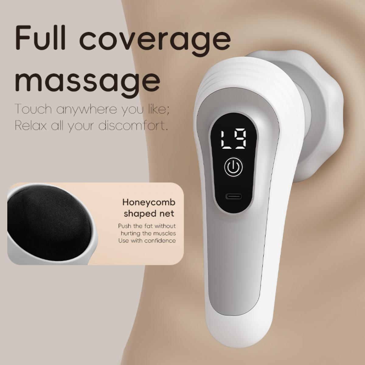 Ein weißes Massagegerät mit digitaler Anzeige '19'. Es hat ein wabenförmiges Netz und befindet sich vor hellem Hintergrund.