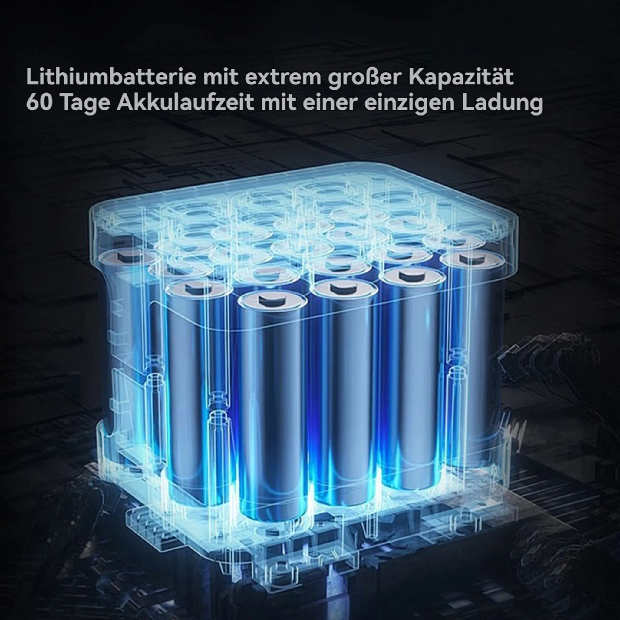 Das Bild zeigt einen Lithium-Akkupack mit blauen Highlights, zylindrischen Zellen und Text auf Deutsch.