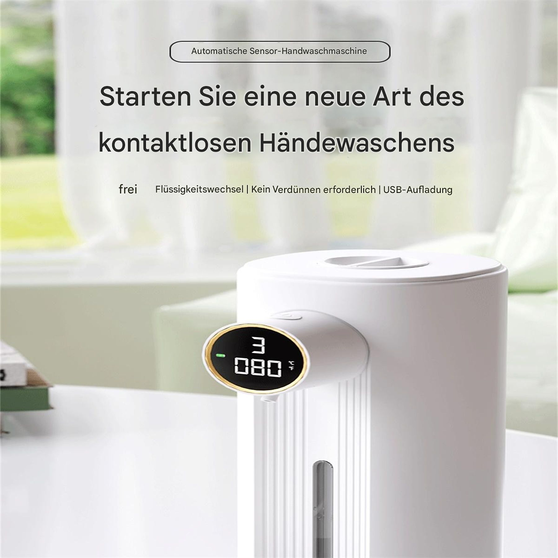 Ein weißer automatischer Seifenspender mit Digitalanzeige für Temperatur und Zählung.