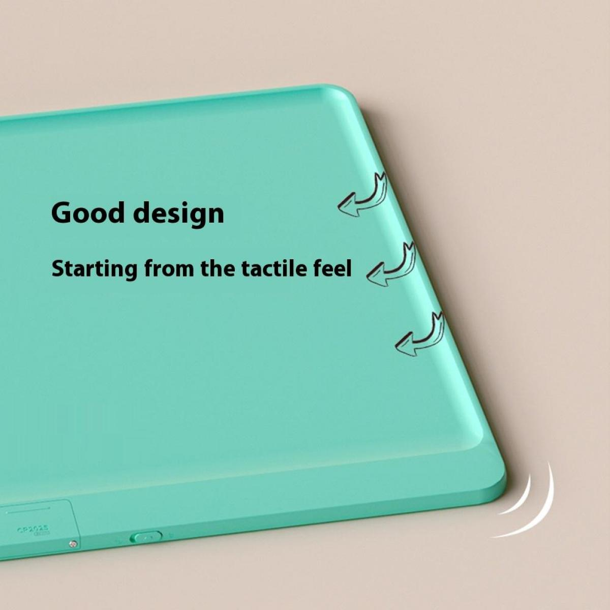 Nahaufnahme eines türkisfarbenen Tablets mit den Worten „Gutes Design“ und „Ausgehend vom taktilen Gefühl“. Pfeile deuten auf ein taktiles Erlebnis hin.