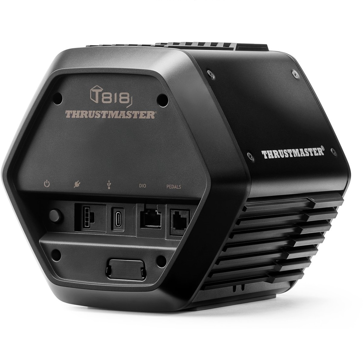 Appareil noir Thrustmaster T818. Il possède des ports, des boutons et le logo Thrustmaster. L'appareil est sur une surface blanche.