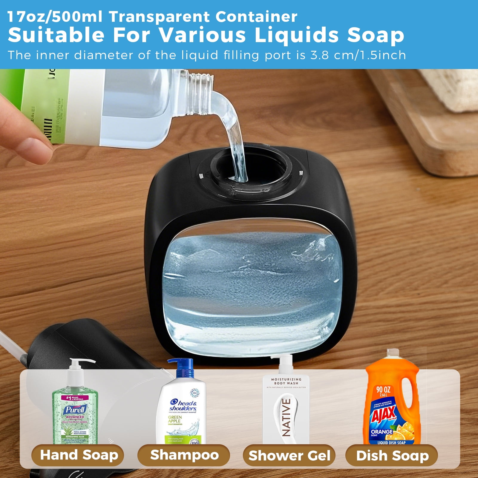 Ein Behälter wird mit Flüssigkeit gefüllt. Unten befinden sich Handseife, Shampoo, Duschgel und Spülmittel.