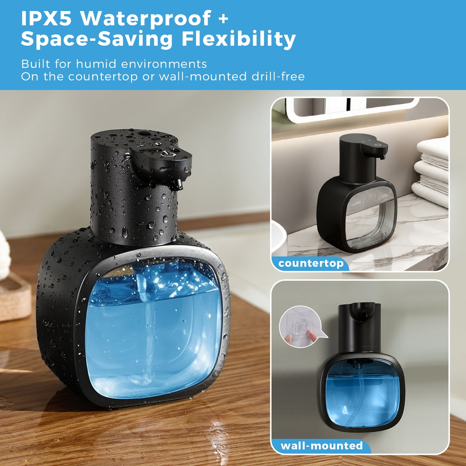 Schwarzer Seifenspender mit blauer Flüssigkeit, Wassertropfen. Gezeigt auf Arbeitsplatte und Wandmontage. Text: IPX5 Wasserdicht + platzsparend.