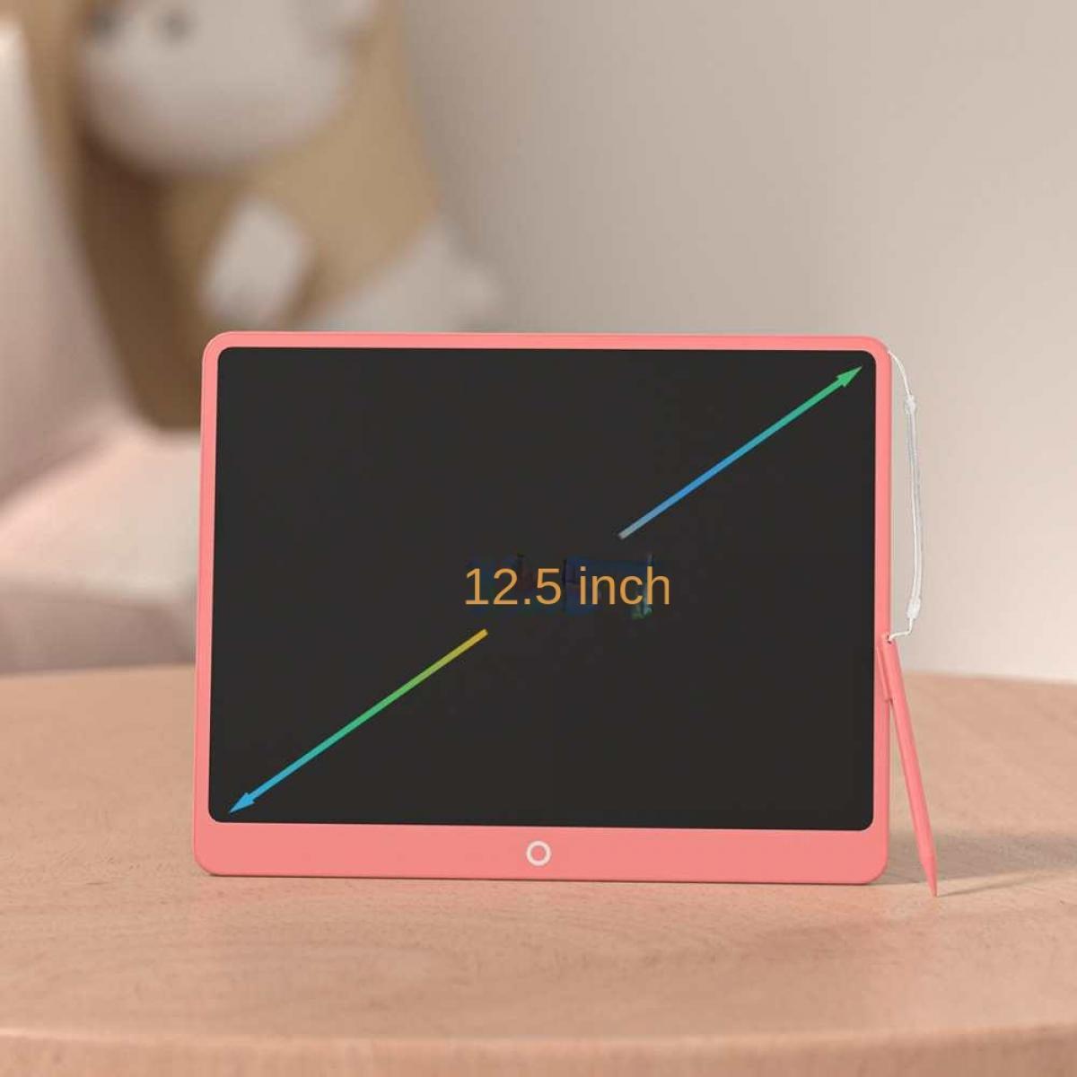 Ein rosa 12,5-Zoll-Schreibtablett mit Stift auf der rechten Seite. Grüne und blaue Linien zeigen die Bildschirmgröße.
