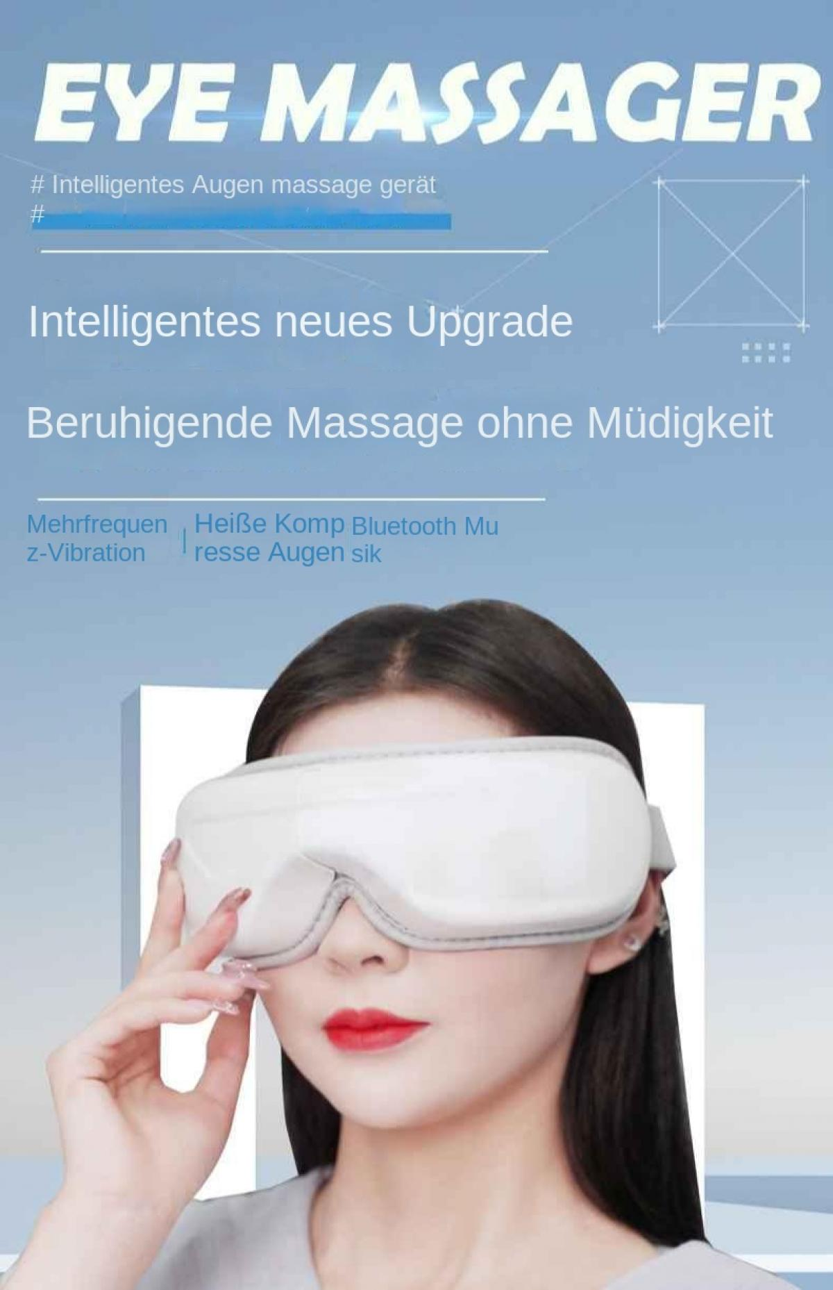 Eine Frau hält ein weißes Augenmassagegerät. Text lautet: EYE MASSAGER, Intelligentes neues Upgrade, Beruhigende Massage ohne Müdigkeit.