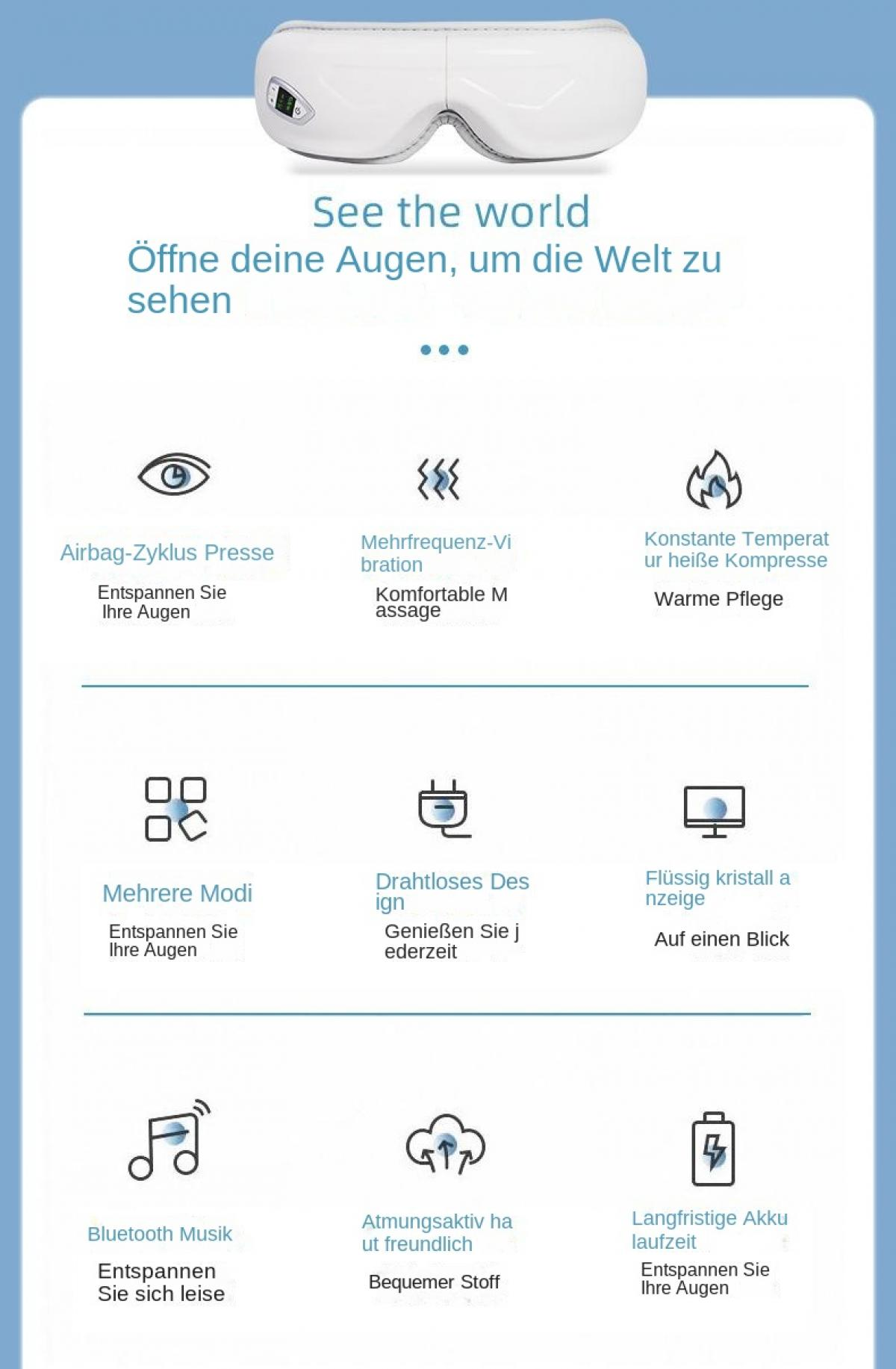 Ein weißes Augenmassagegerät mit einem Bildschirm befindet sich oben. Darunter befinden sich Symbole mit Text, der Funktionen beschreibt.