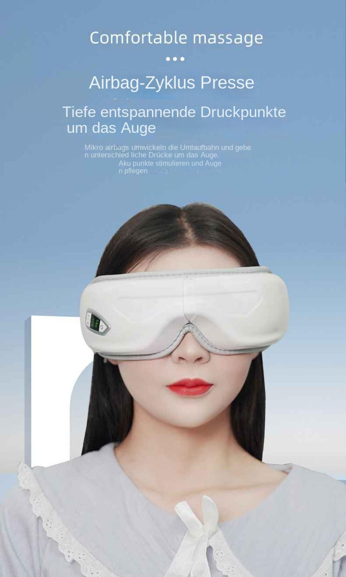 Eine Frau mit einem weißen Augenmassagegerät. Das Bild hat Text, der das Produkt und seine Eigenschaften beschreibt.