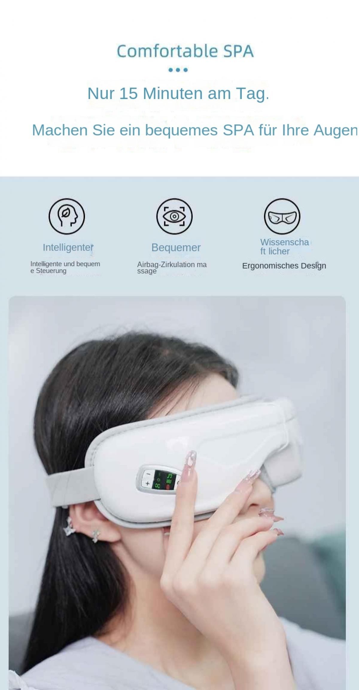 Frau mit weißem Augenmassagegerät. Text: Komfortables SPA, Intelligent, Komfortabel, Ergonomisches Design. 15 Minuten am Tag.