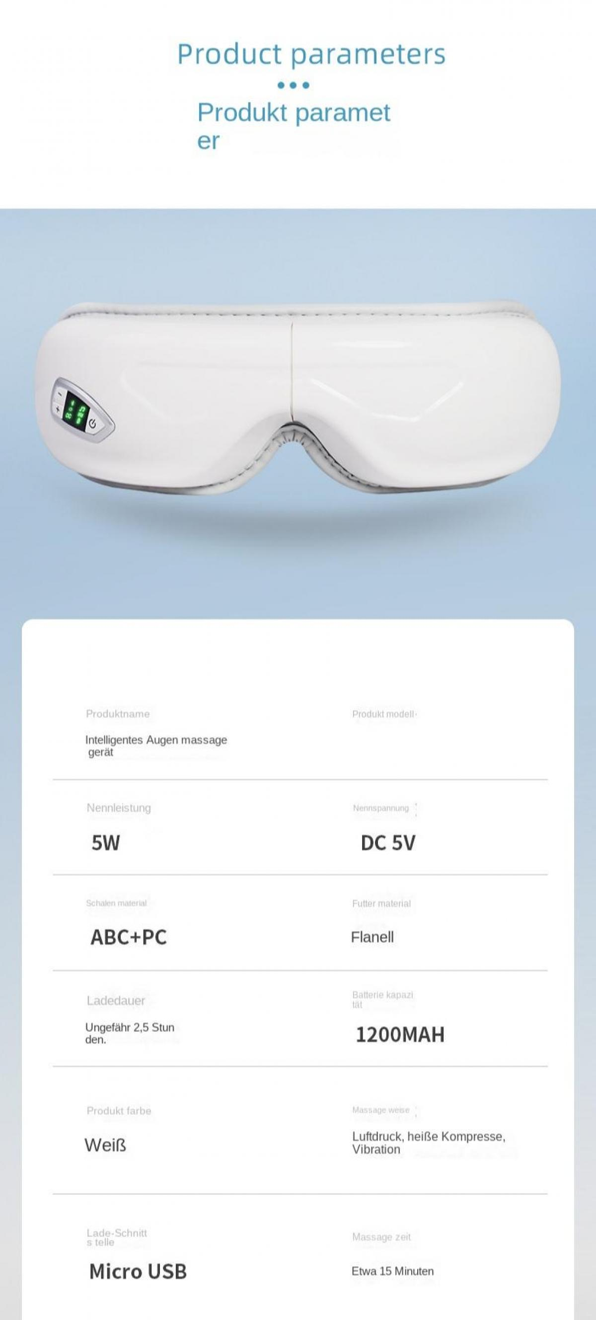 Weißes Augenmassagegerät mit Bedientasten. Spezifikationen: 5W, DC 5V, ABC+PC, Flanell, 1200MAH, weiße Farbe und Micro USB.