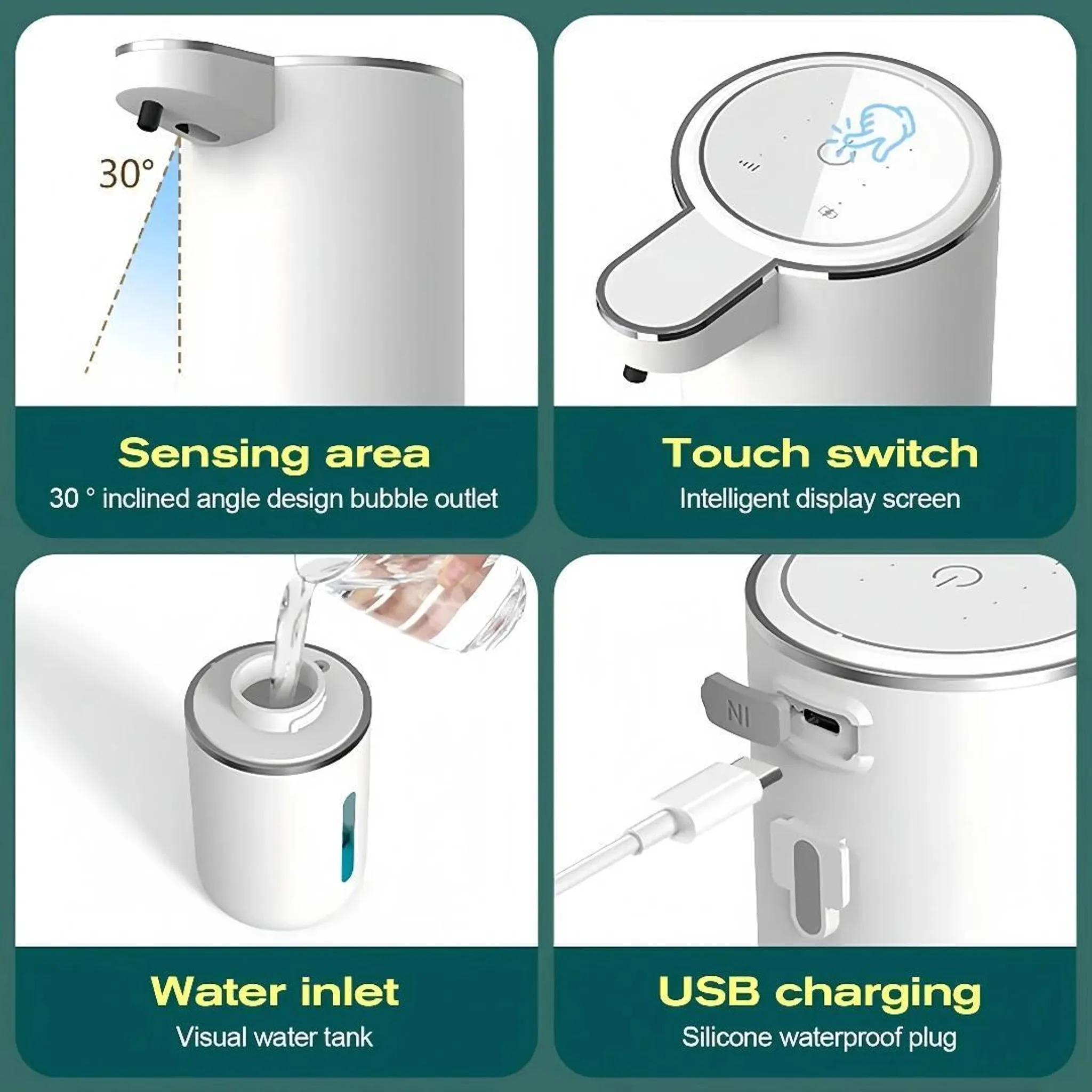 Weißer automatischer Seifenspender mit vier Bereichen: Sensorbereich, Touch-Schalter, Wassereinlass und USB-Aufladung.