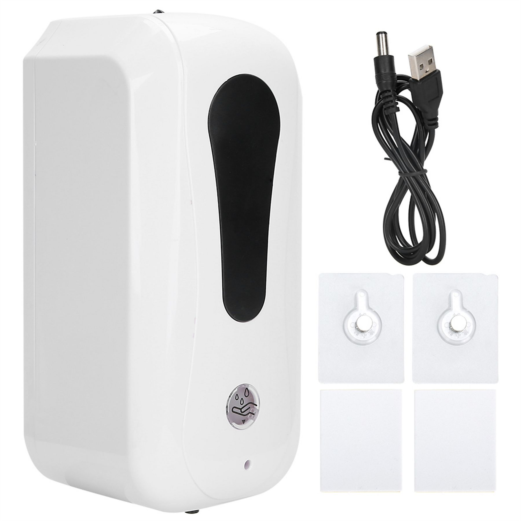Weißer automatischer Seifenspender mit schwarzem Sensor und USB-Kabel, Wandhalterungen und Klebequadraten.